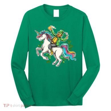 Funny St Patrick's Day Leprechaun Riding Unicorn Long Sleeve Shirt
