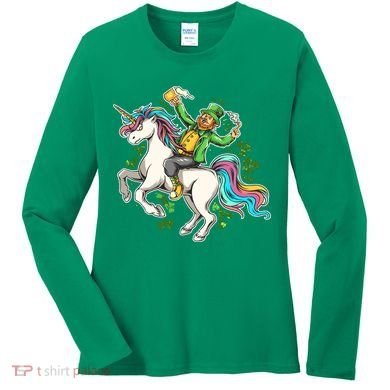 Funny St Patrick's Day Leprechaun Riding Unicorn Women's Long Sleeve Shirt