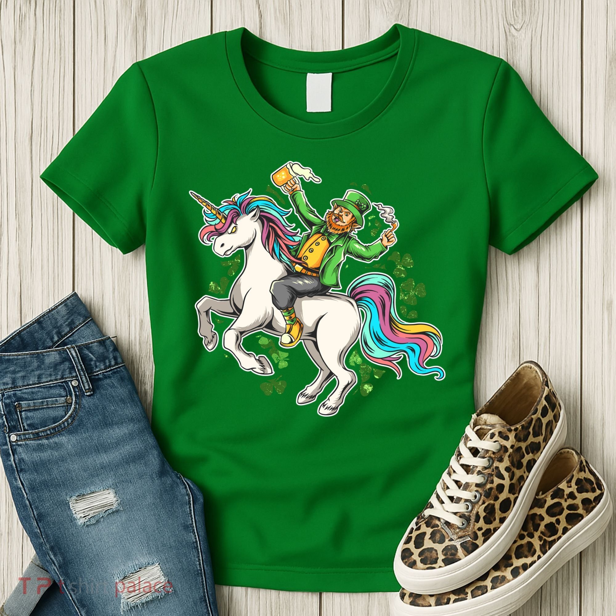 Funny St Patrick's Day Leprechaun Riding Unicorn Women's T-Shirt