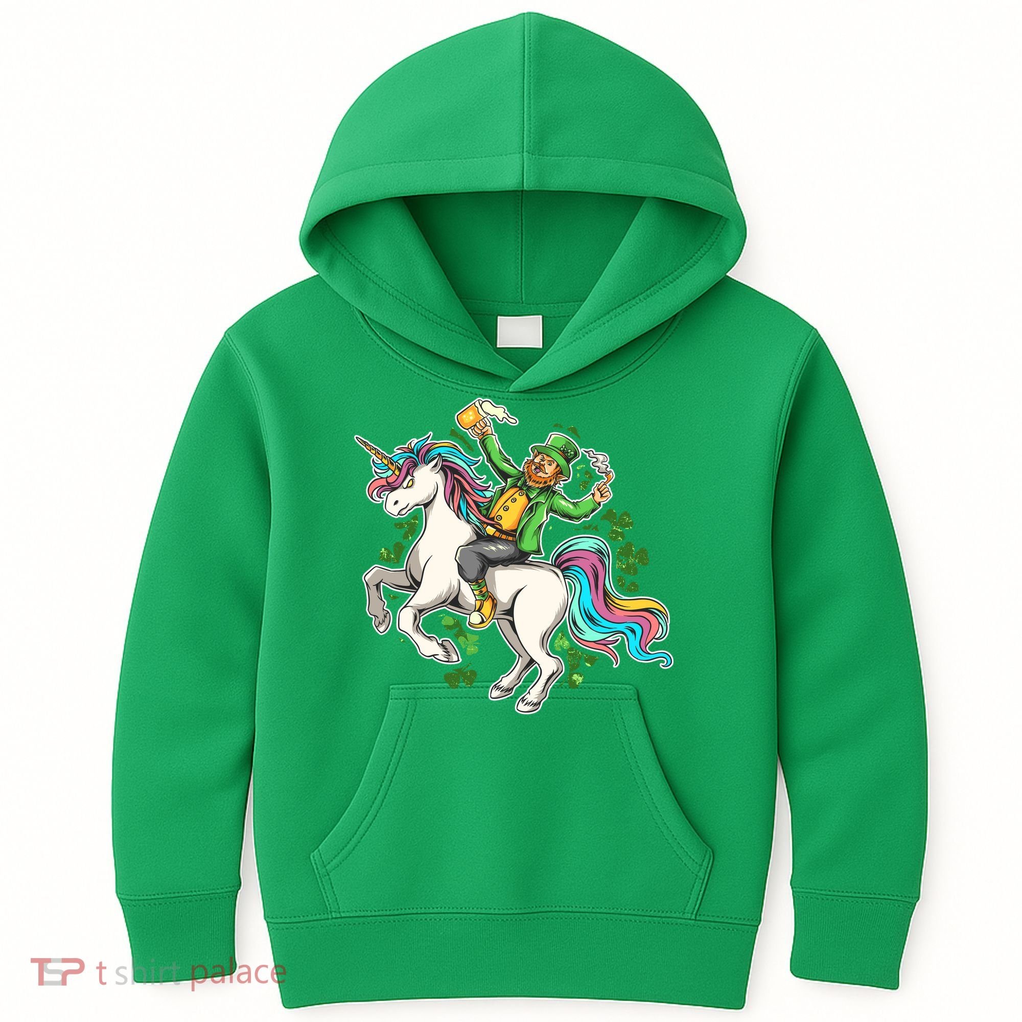 Funny St Patrick's Day Leprechaun Riding Unicorn Kids Hoodie