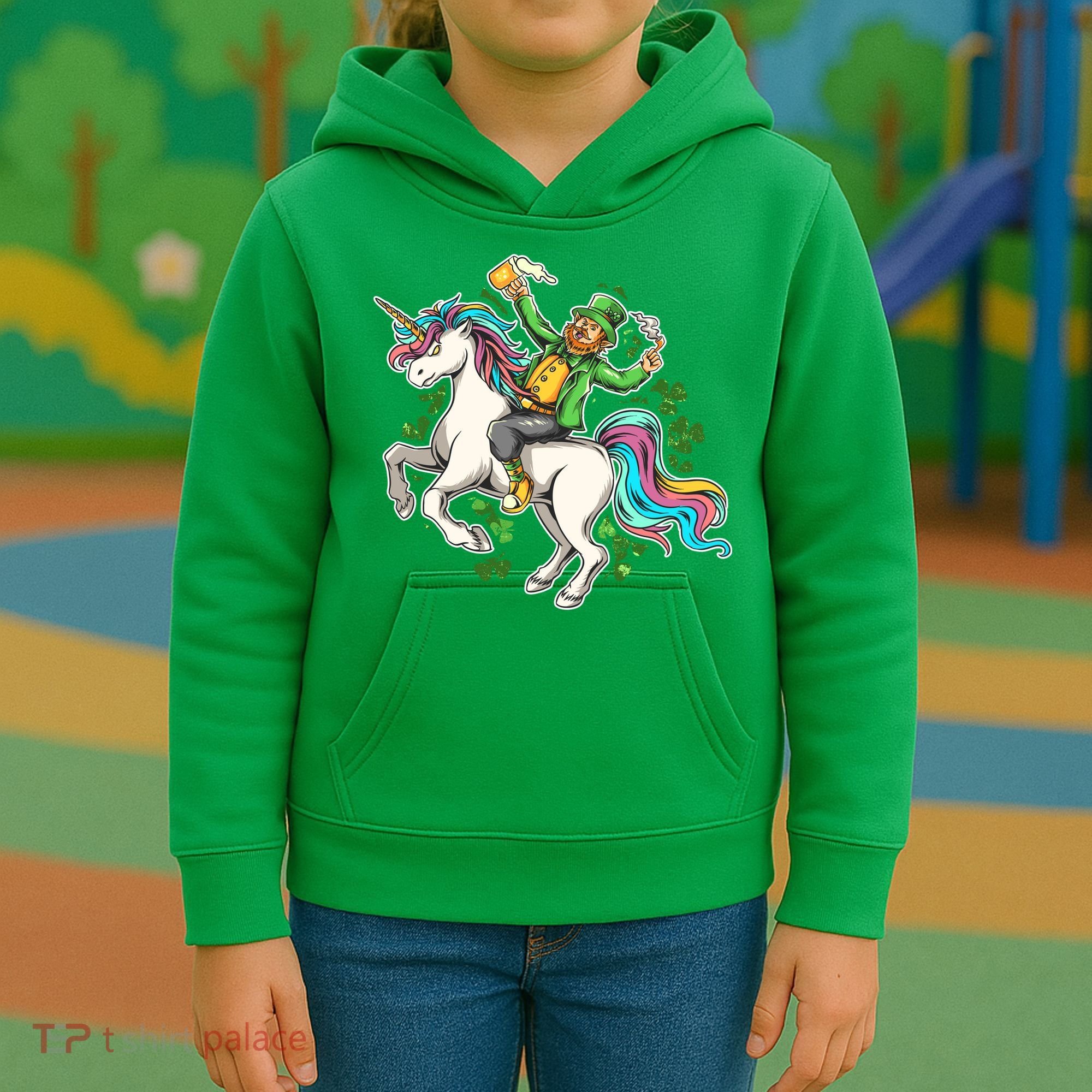 Funny St Patrick's Day Leprechaun Riding Unicorn Kids Hoodie