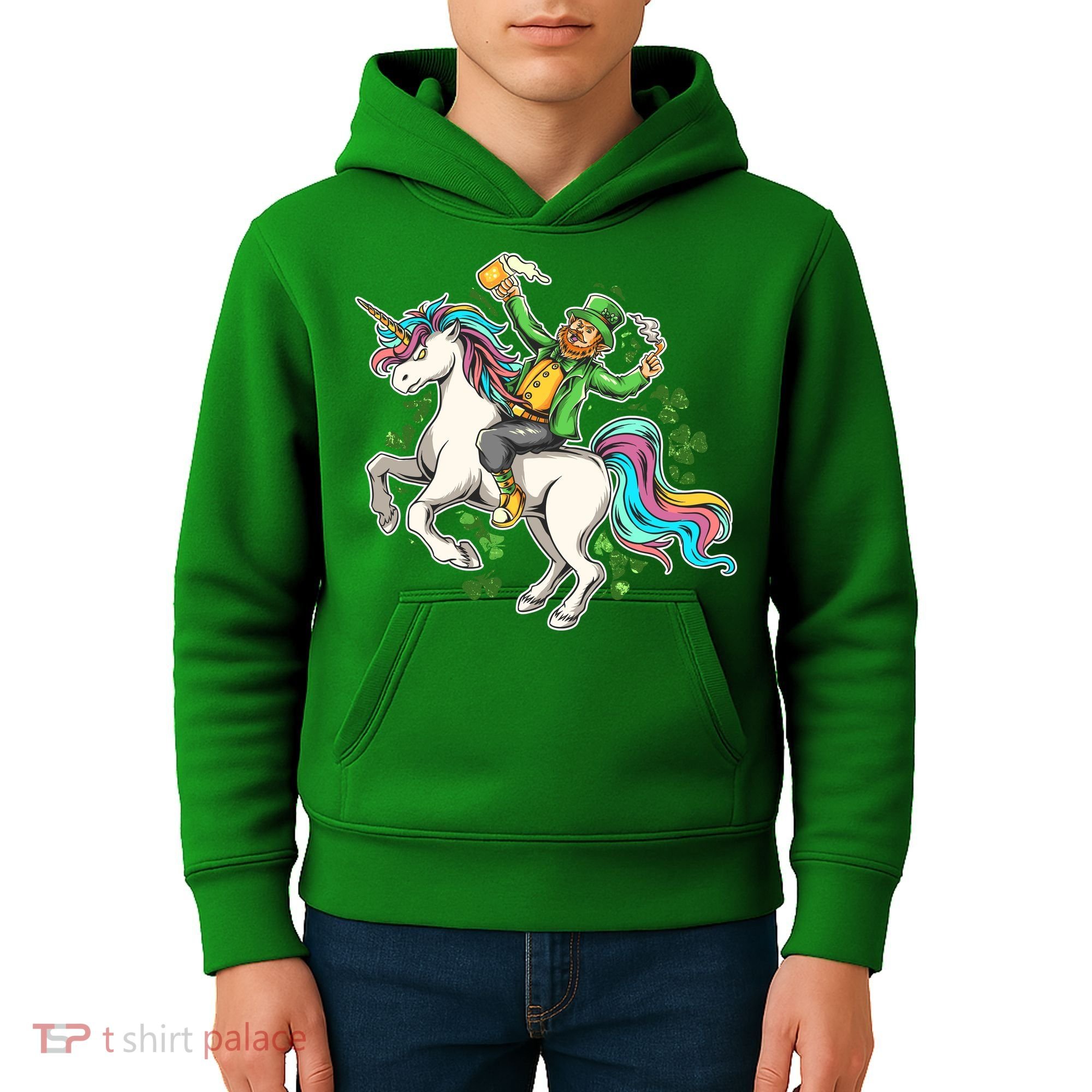 Funny St Patrick's Day Leprechaun Riding Unicorn Kids Hoodie