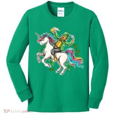 Funny St Patrick's Day Leprechaun Riding Unicorn Kids Long Sleeve Shirt