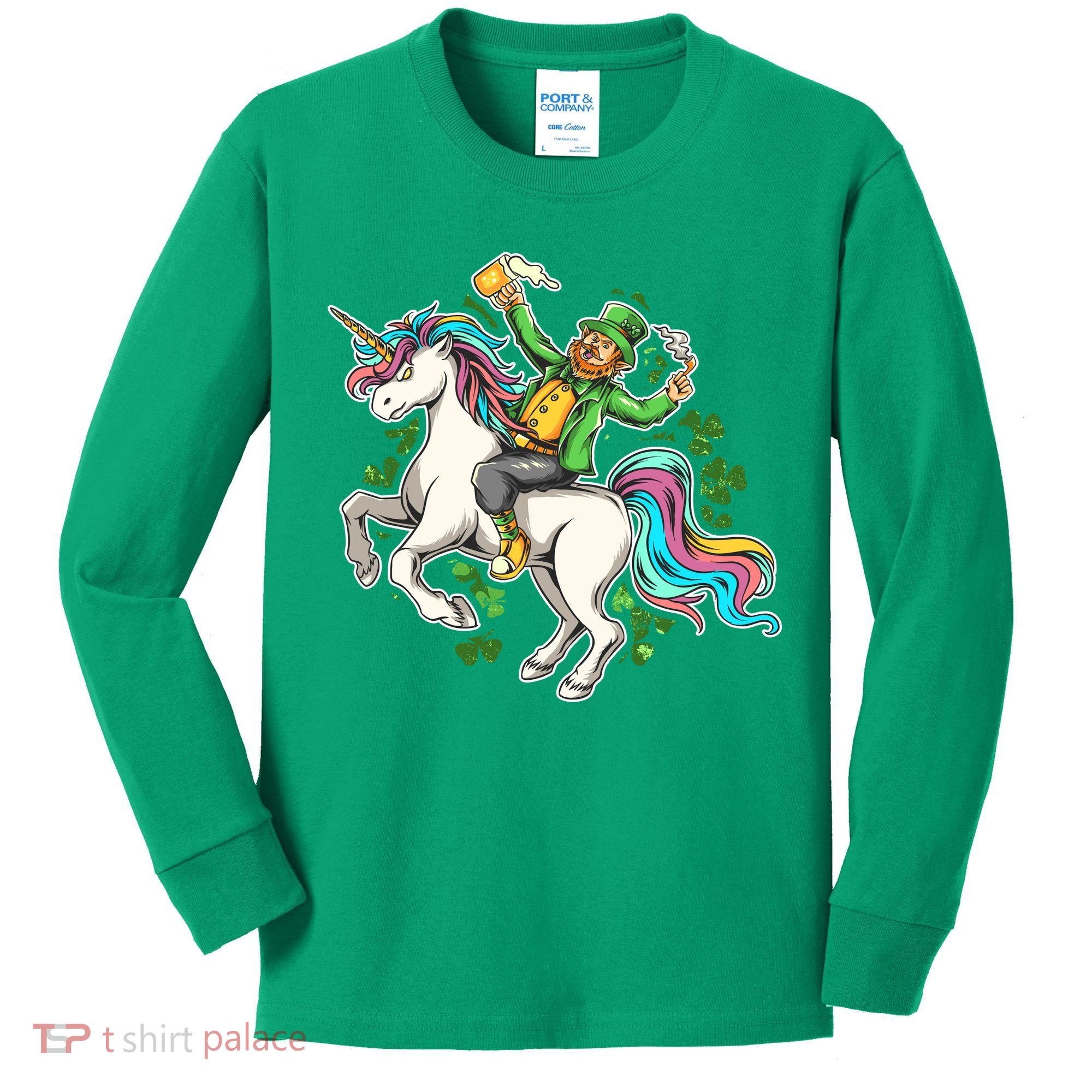 Funny St Patrick's Day Leprechaun Riding Unicorn Kids Long Sleeve Shirt
