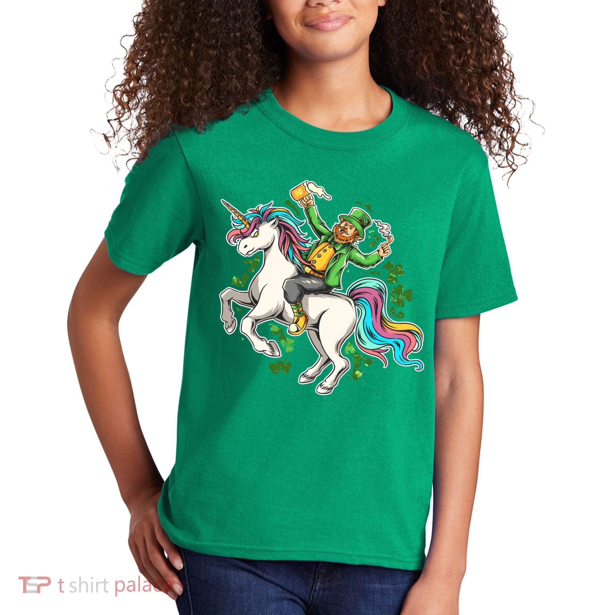 Funny St Patrick's Day Leprechaun Riding Unicorn Kids T-Shirt