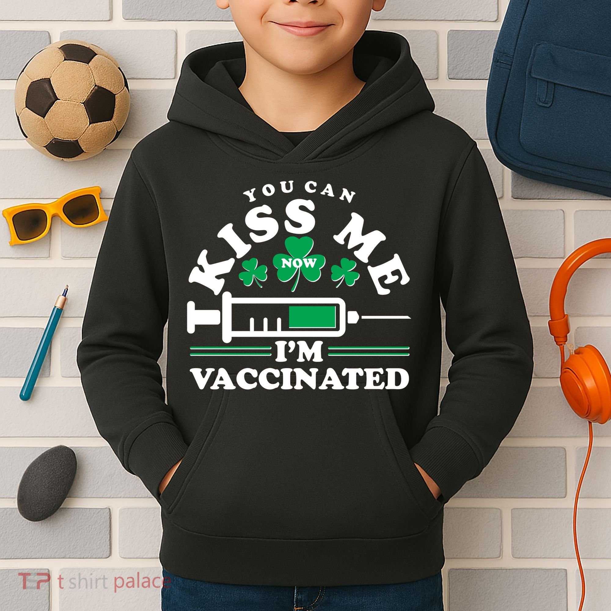 Funny St Patrick's Day You Can Kiss Me Now I'm Vaccinated Kids Hoodie