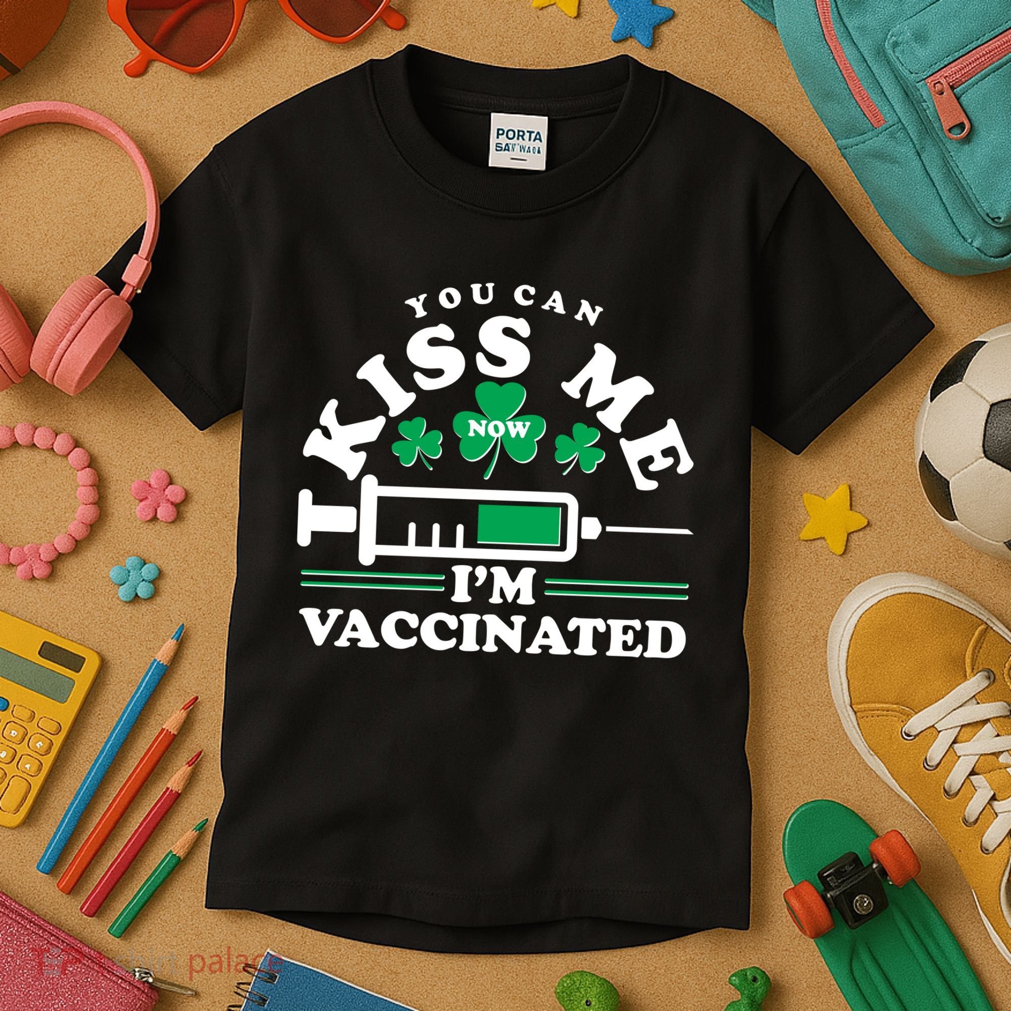 Funny St Patrick's Day You Can Kiss Me Now I'm Vaccinated Kids T-Shirt
