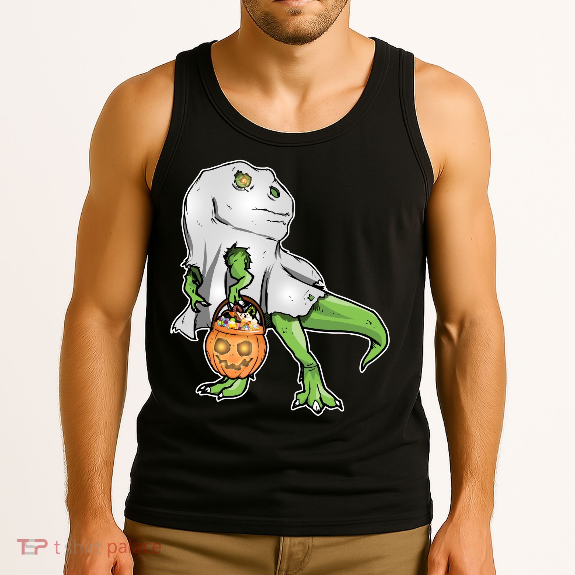 Funny T-Rex Ghost Pumpkin Candy  Tank Top