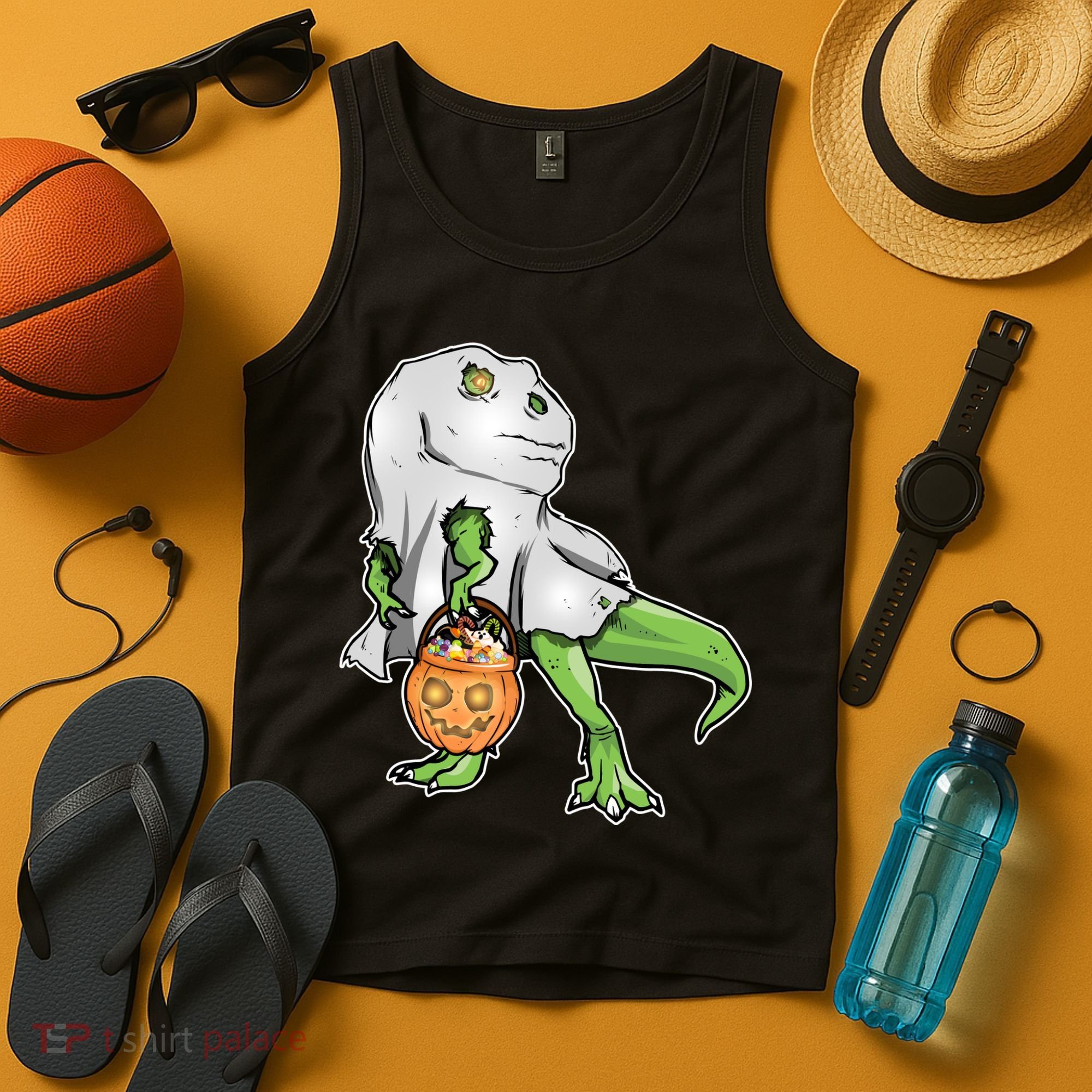 Funny T-Rex Ghost Pumpkin Candy  Tank Top