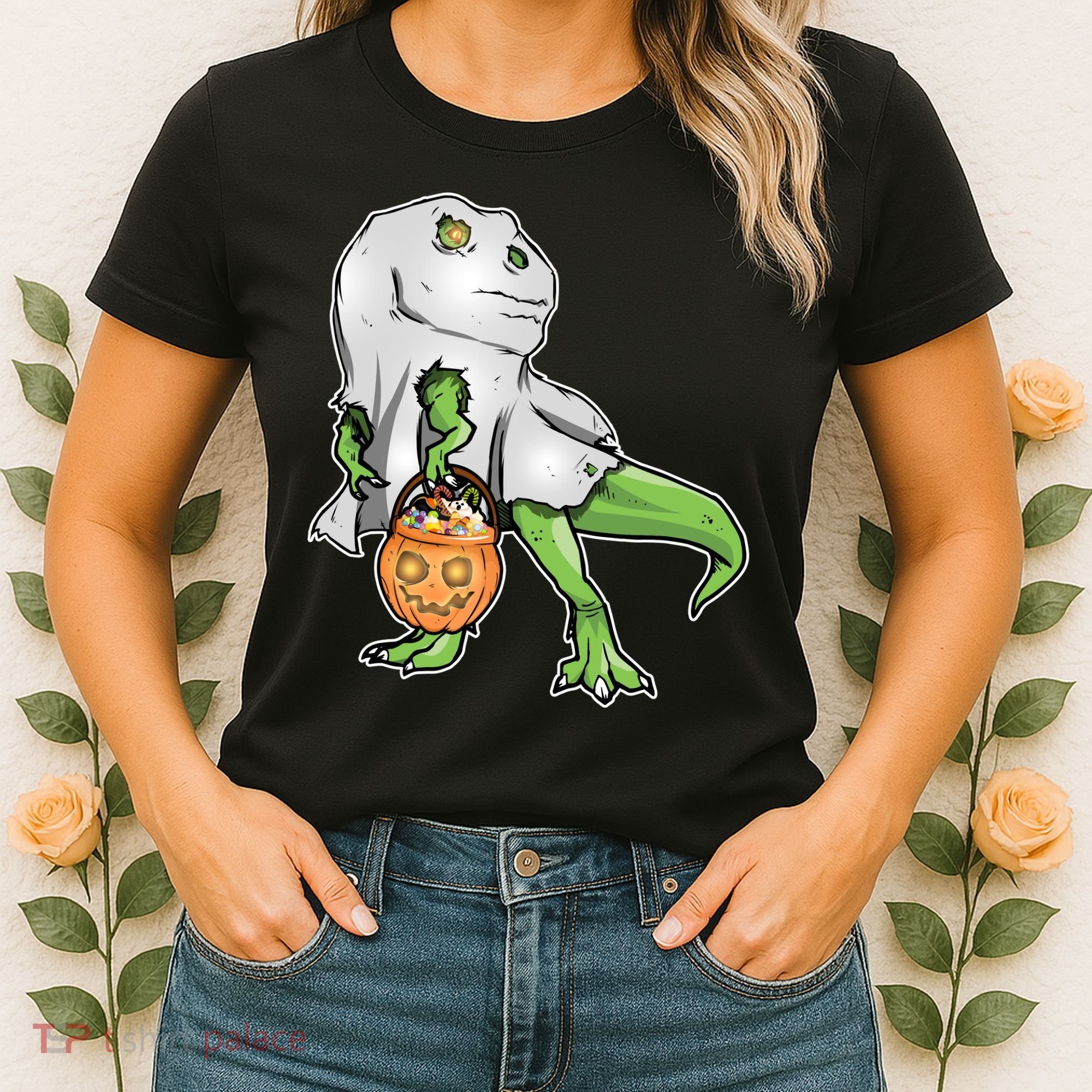 Funny T-Rex Ghost Pumpkin Candy  Women's T-Shirt