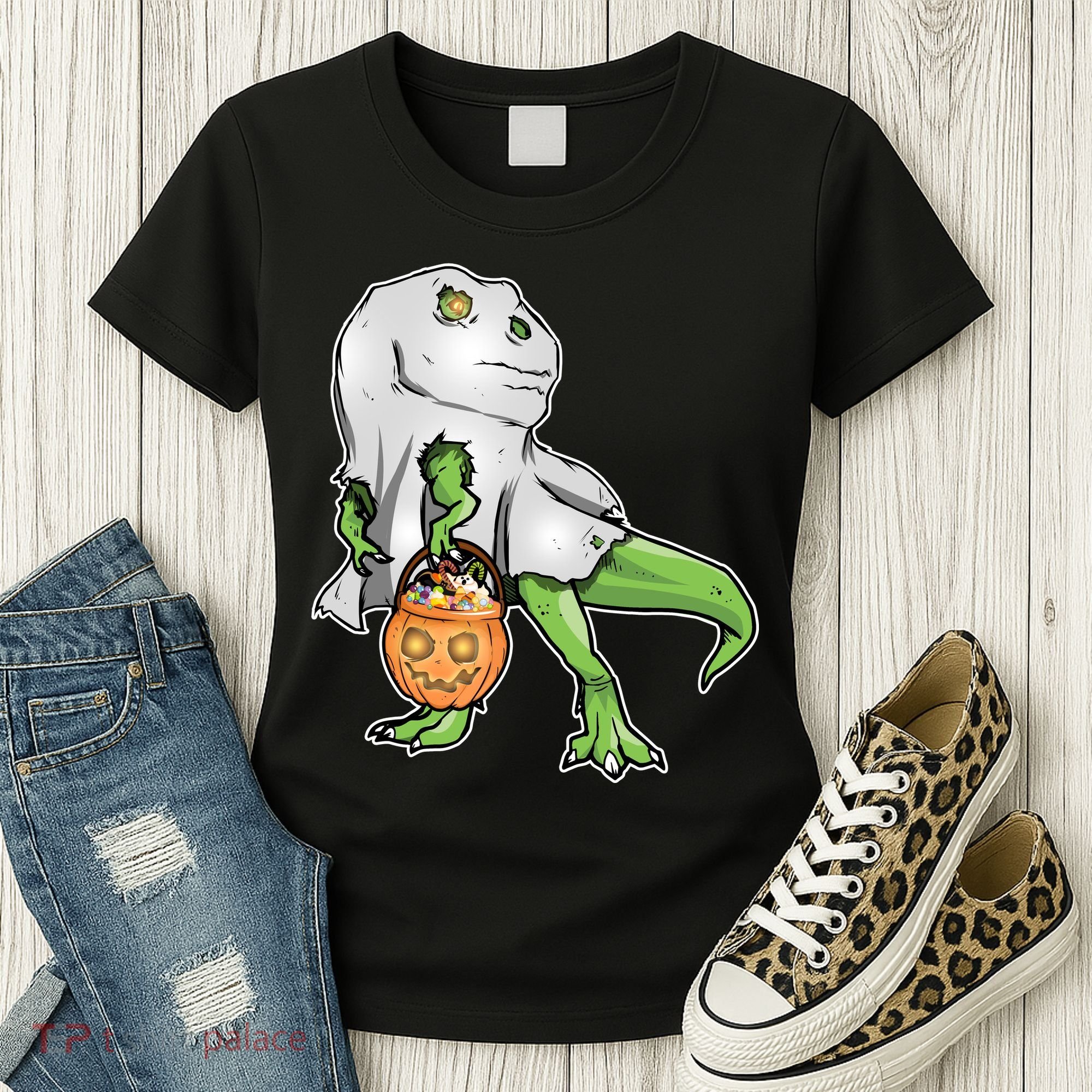 Funny T-Rex Ghost Pumpkin Candy  Women's T-Shirt