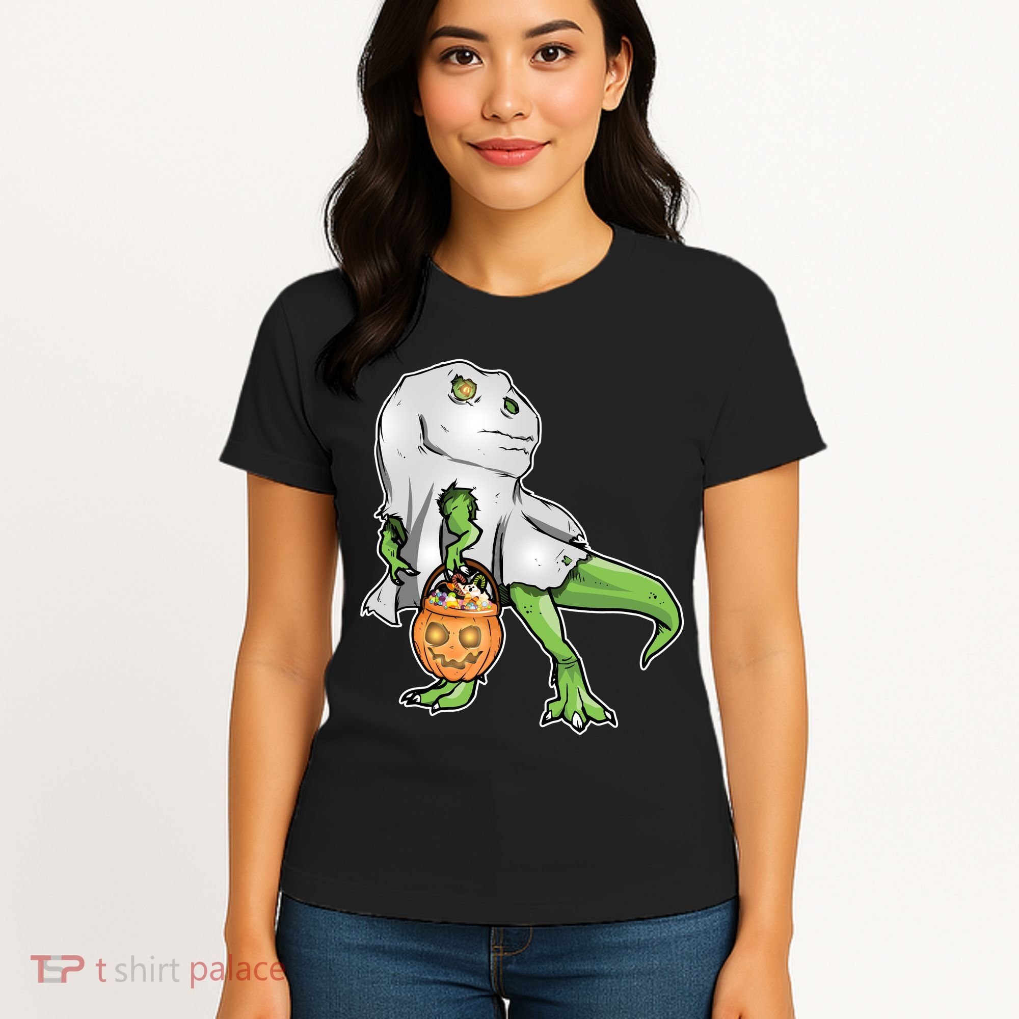 Funny T-Rex Ghost Pumpkin Candy  Women's T-Shirt