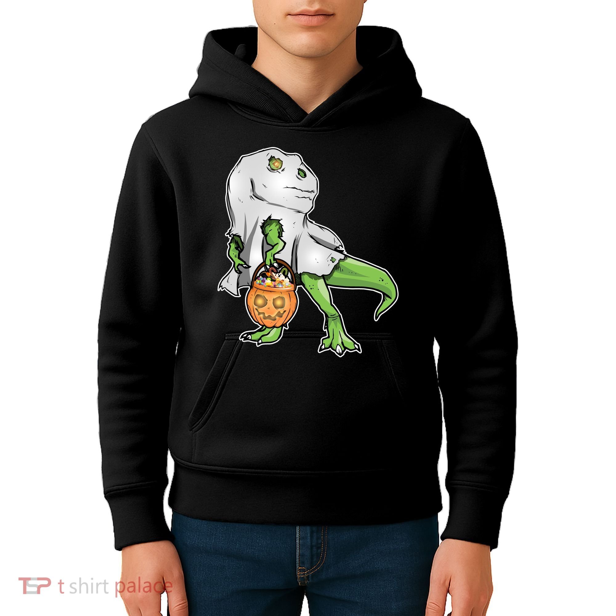 Funny T-Rex Ghost Pumpkin Candy  Kids Hoodie