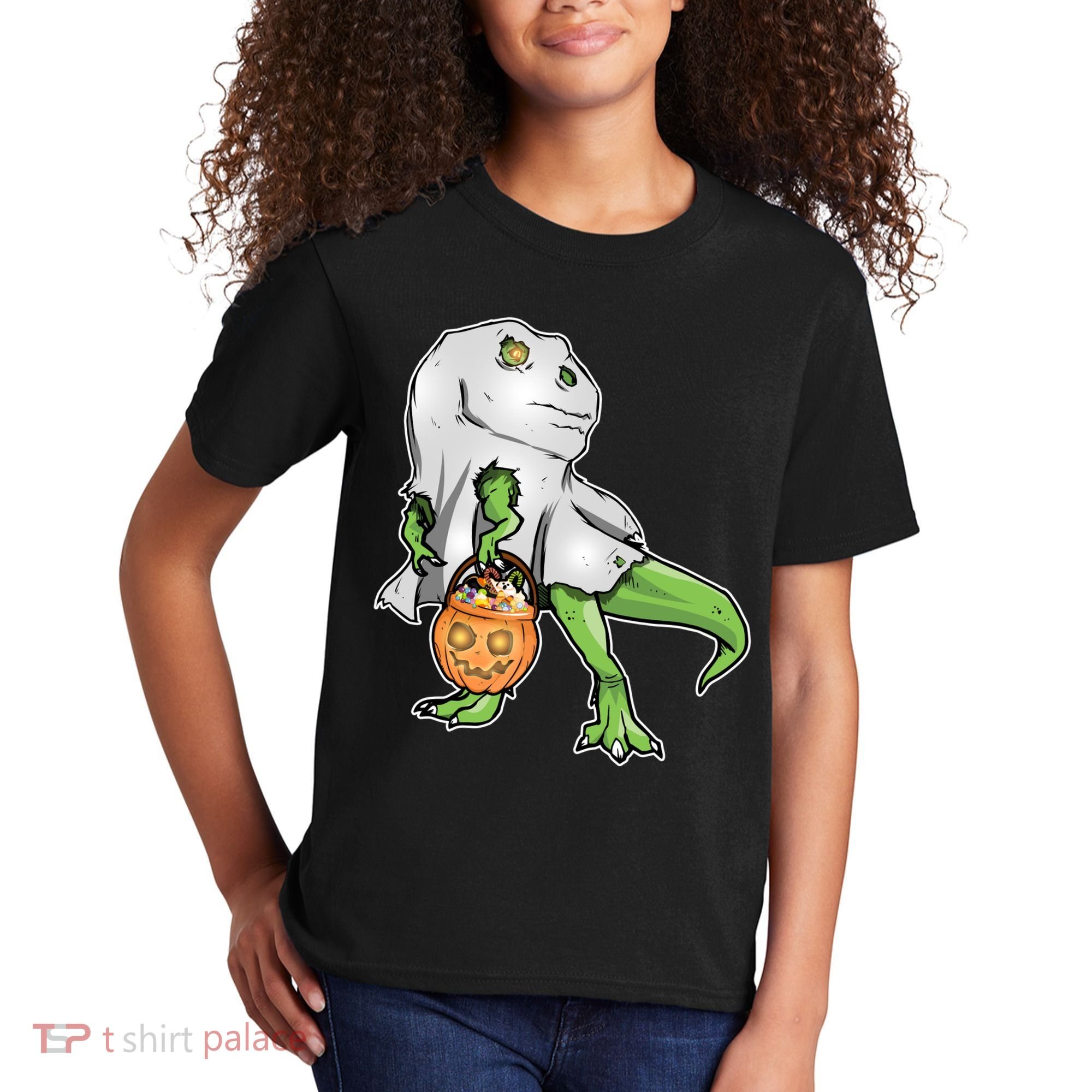 Funny T-Rex Ghost Pumpkin Candy  Kids T-Shirt