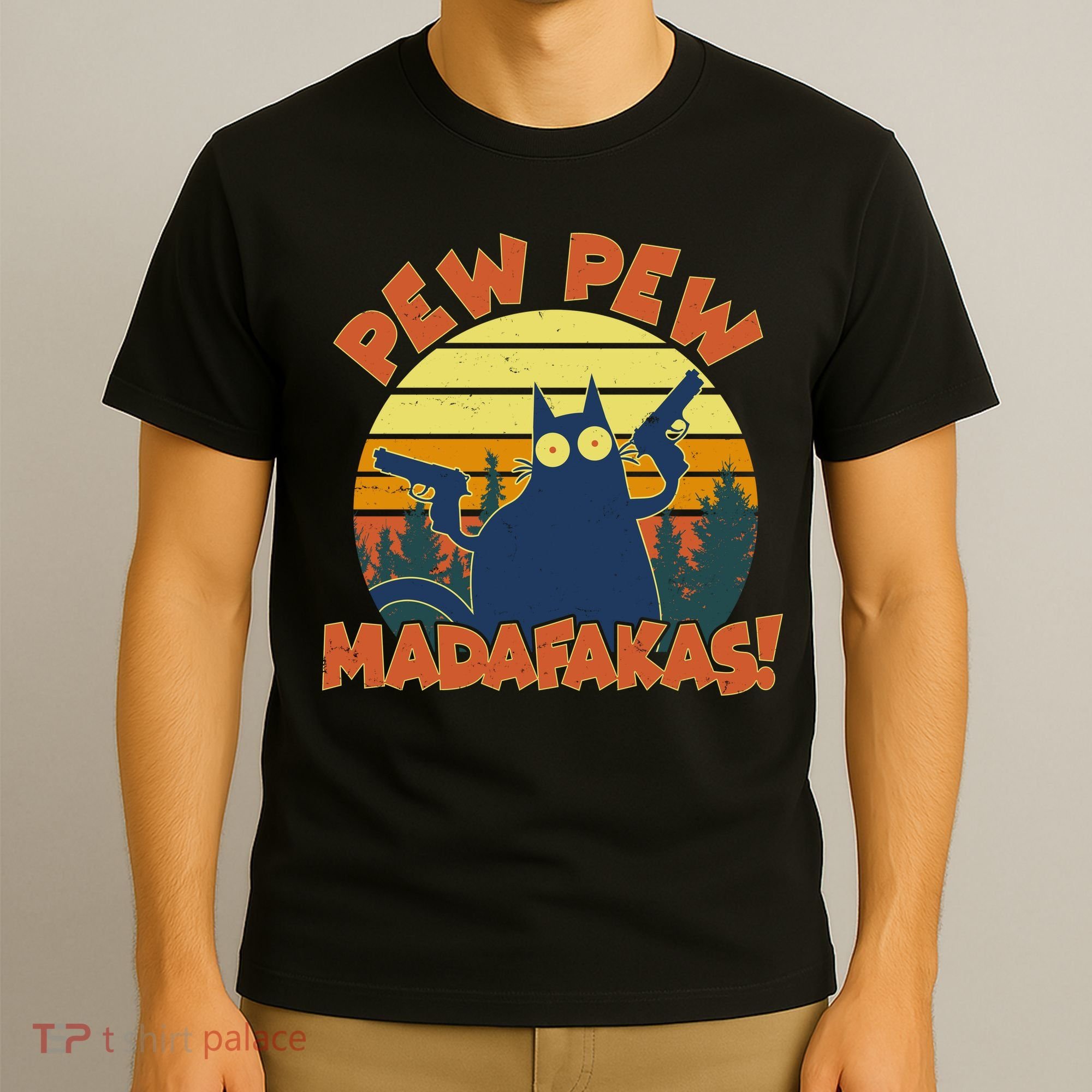 Funny Vintage Pew Pew Madafakas Gun Cat T-Shirt