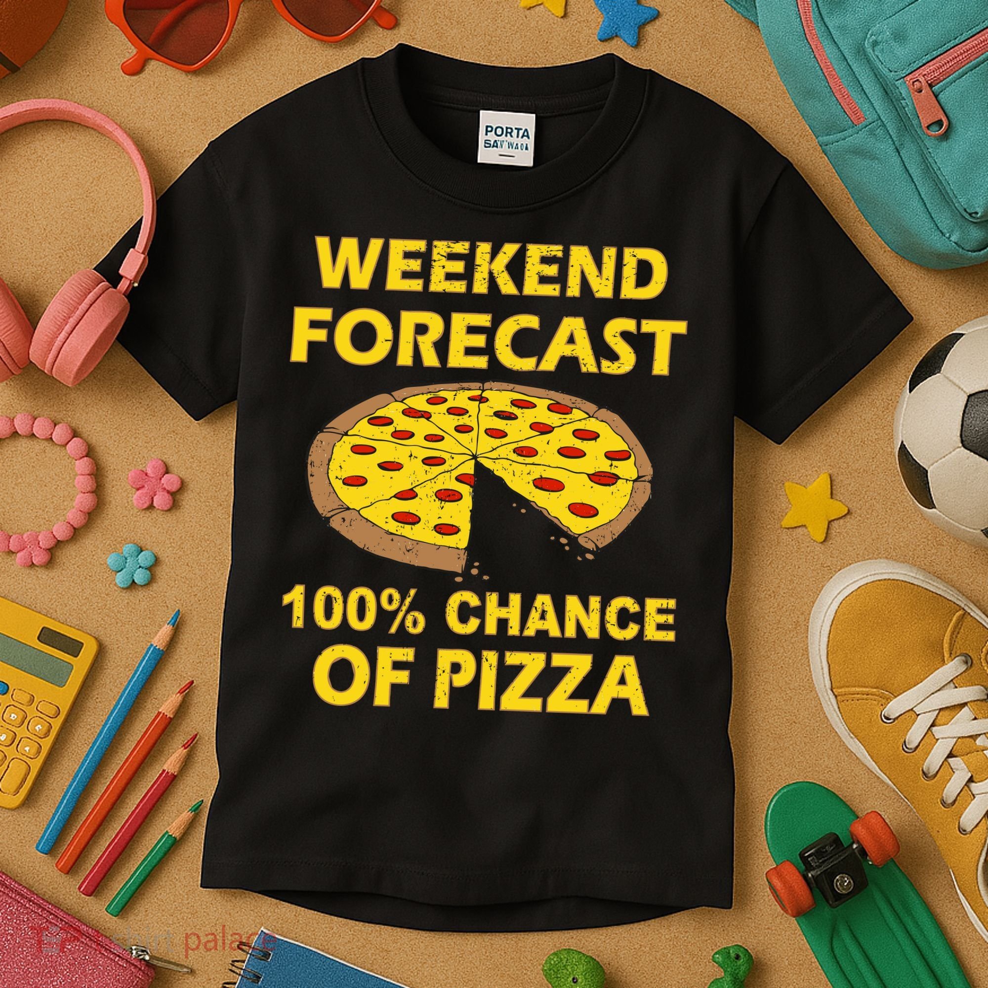 Funny Weekend Forecast 100 Percent Chance Of Pizza Kids T-Shirt