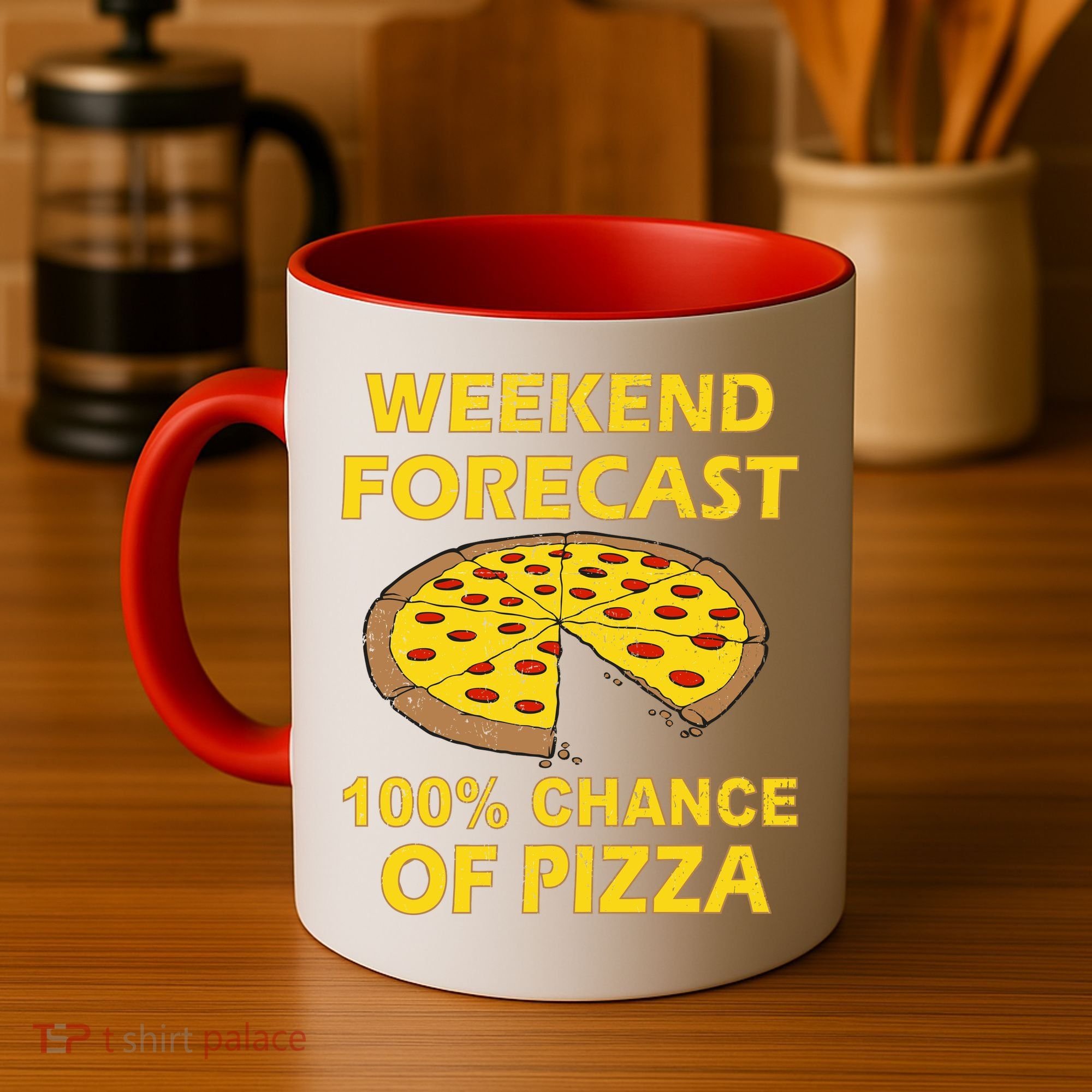 Funny Weekend Forecast 100 Percent Chance Of Pizza Coffee Mug