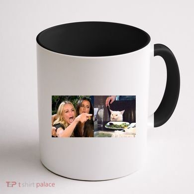 Funny Woman Yelling At Cat Meme  Coffee Mug back