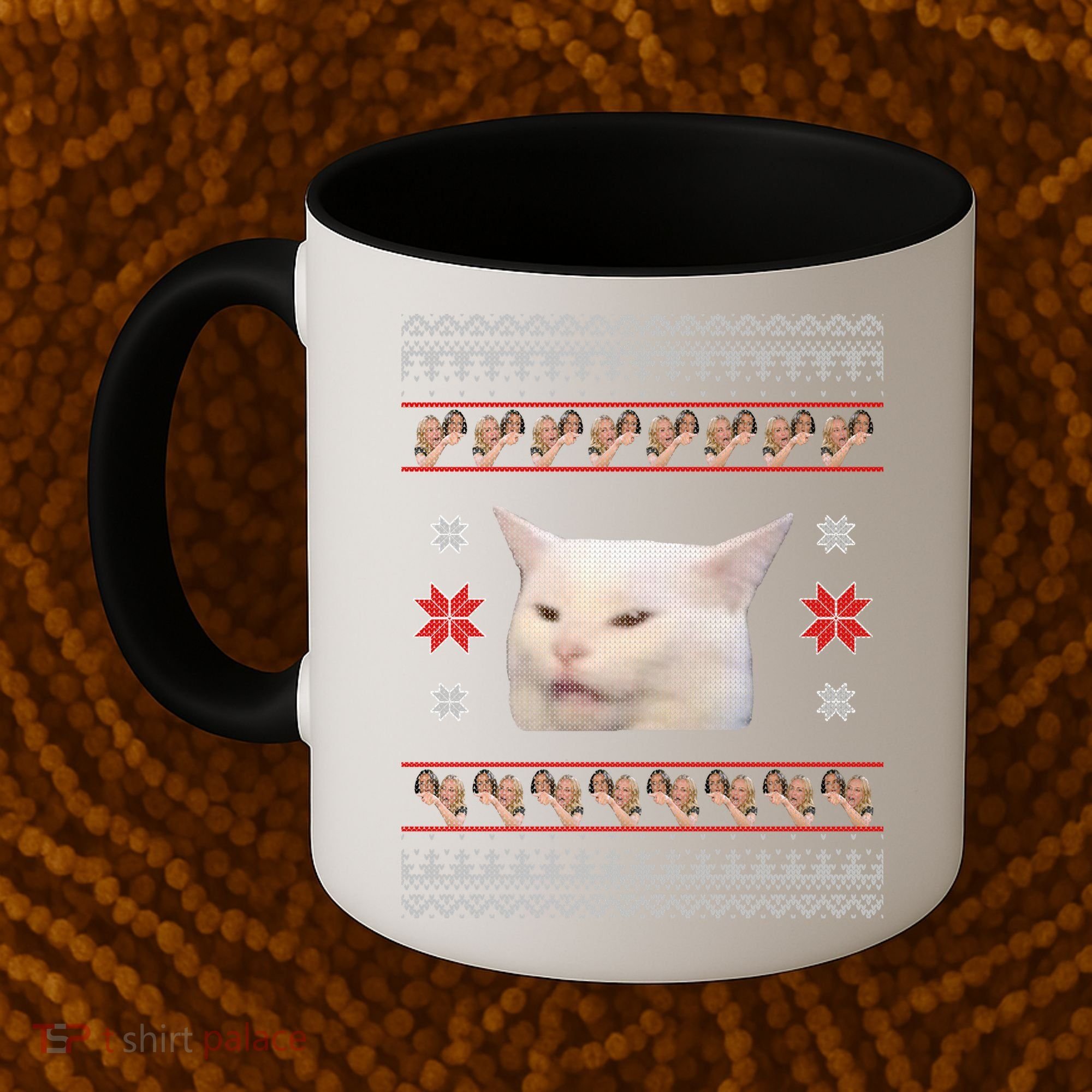 Funny Woman Yelling At Cat Meme Ugly Christmas Coffee Mug