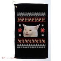 Funny Woman Yelling At Cat Meme Ugly Christmas Golf Towel thumb 0