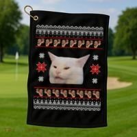 Funny Woman Yelling At Cat Meme Ugly Christmas Golf Towel thumb 1