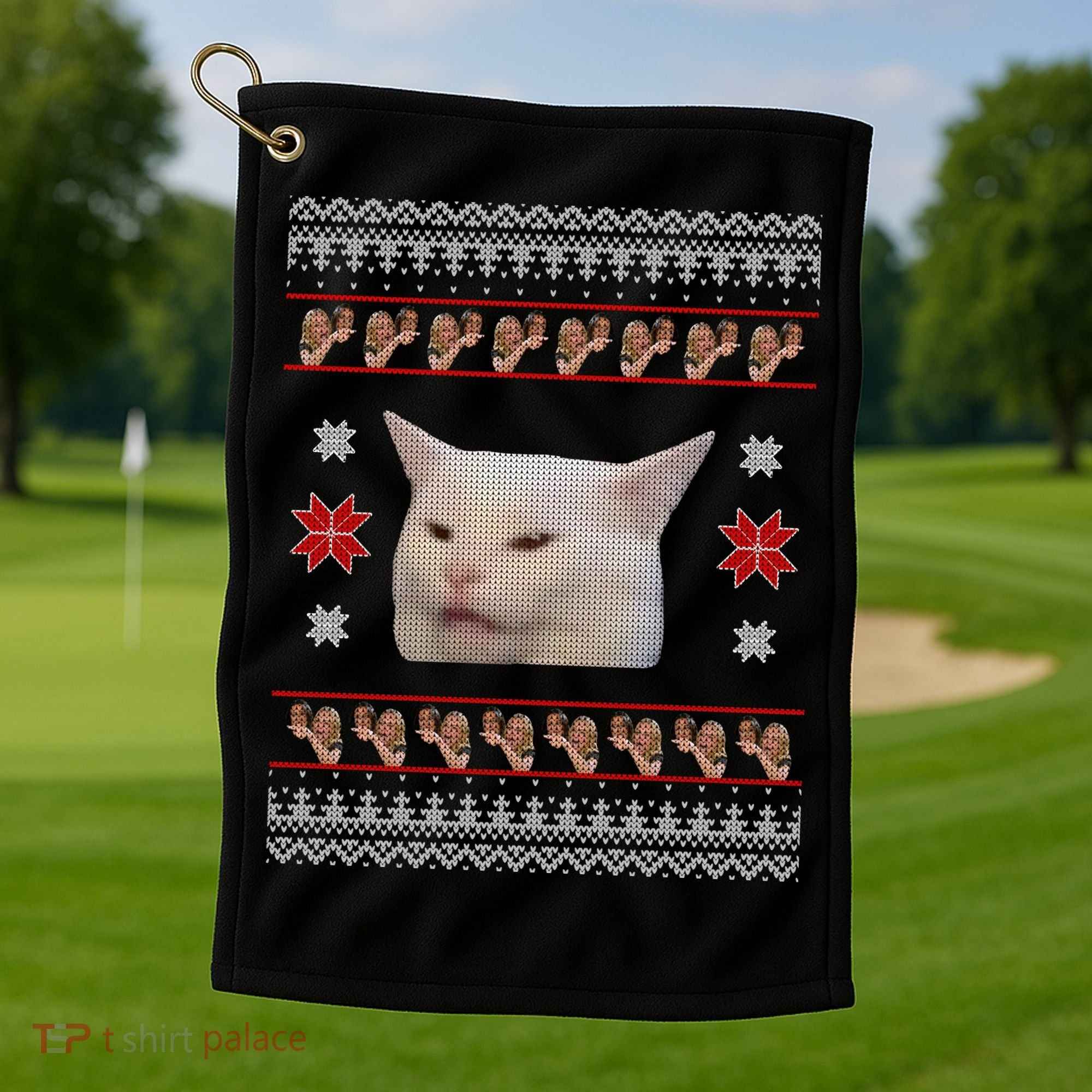 Funny Woman Yelling At Cat Meme Ugly Christmas Golf Towel