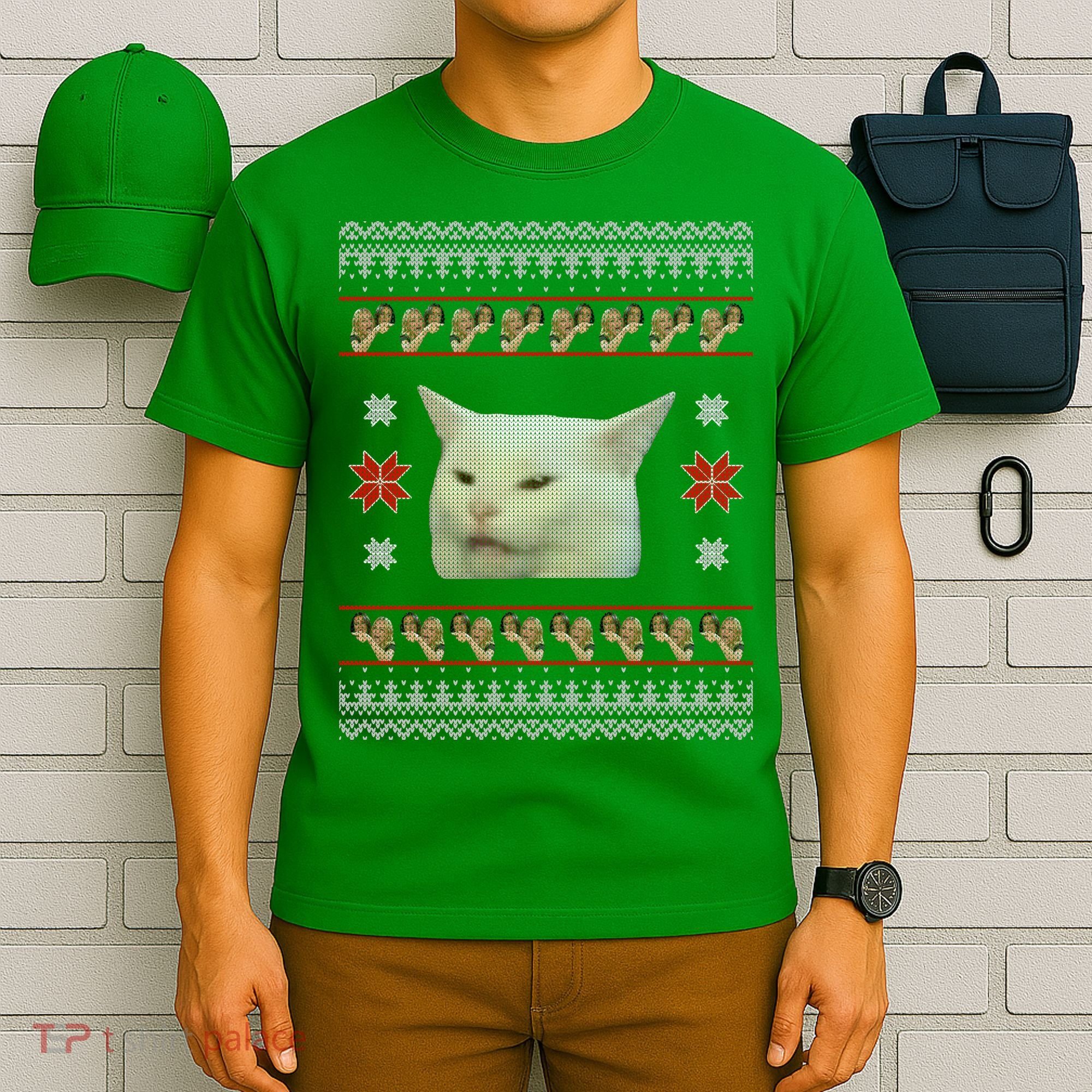 Funny Woman Yelling At Cat Meme Ugly Christmas T-Shirt