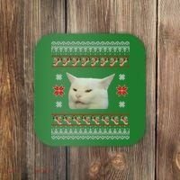 Funny Woman Yelling At Cat Meme Ugly Christmas Coaster thumb 0