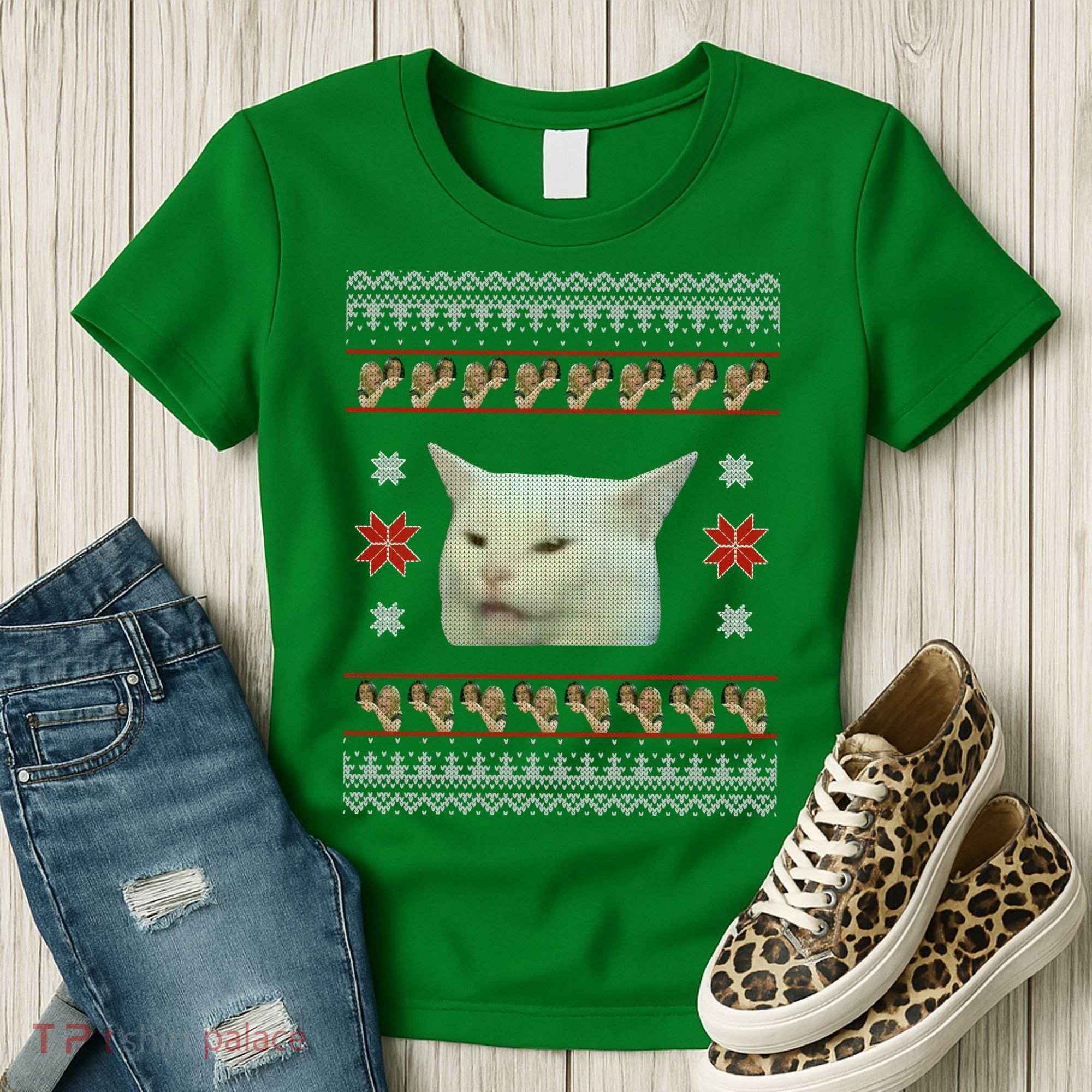 Funny Woman Yelling At Cat Meme Ugly Christmas Women's T-Shirt
