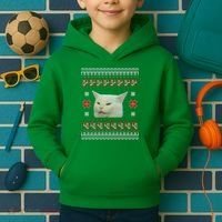 Funny Woman Yelling At Cat Meme Ugly Christmas Kids Hoodie thumb 2