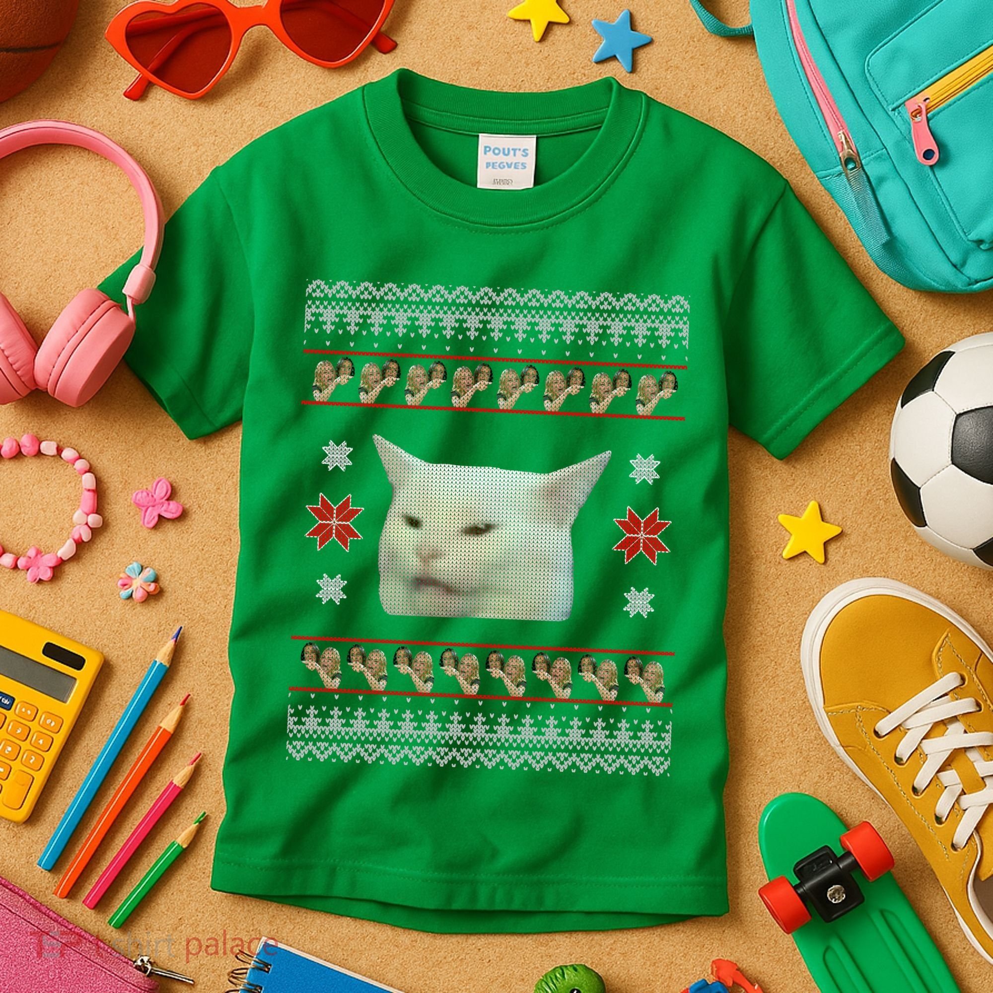 Funny Woman Yelling At Cat Meme Ugly Christmas Kids T-Shirt