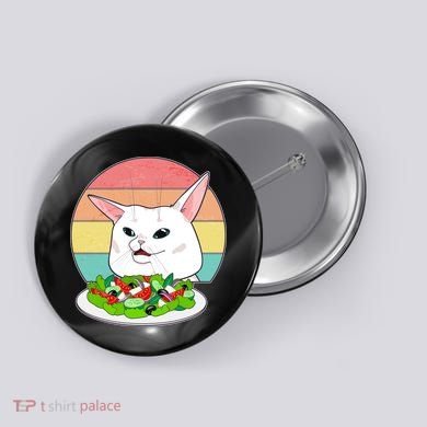 Funny Woman Yelling at Table Cat Meme Button