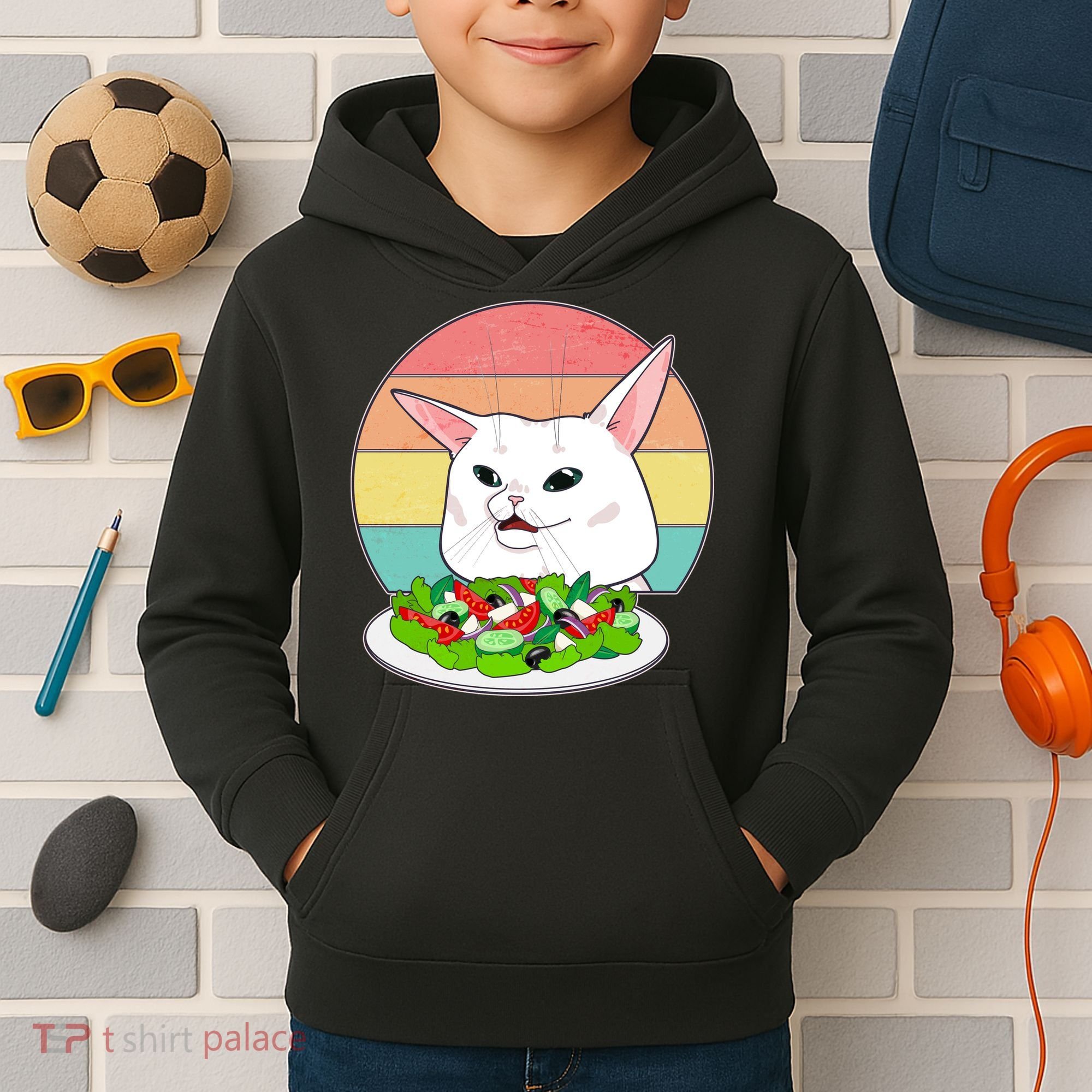Funny Woman Yelling at Table Cat Meme Kids Hoodie