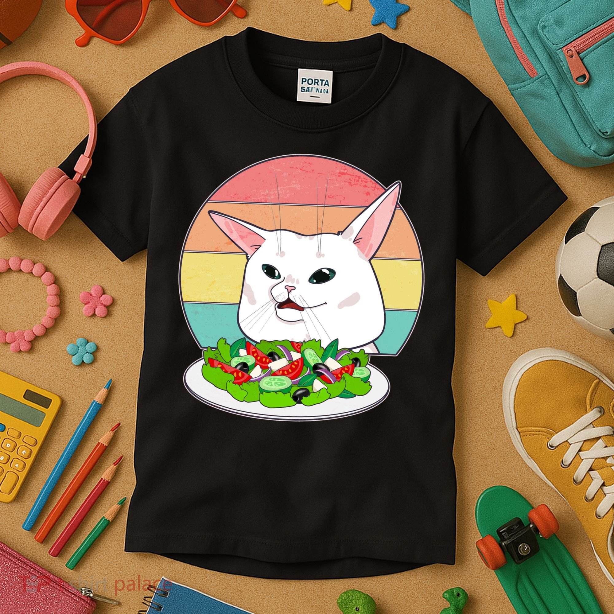 Funny Woman Yelling at Table Cat Meme Kids T-Shirt