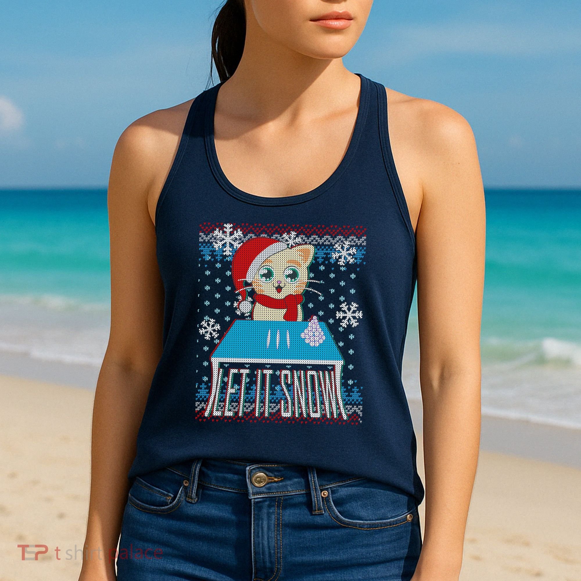 Funny X-Mas Let It Snow Cat Ugly Christmas Sweater Women's Tank Top