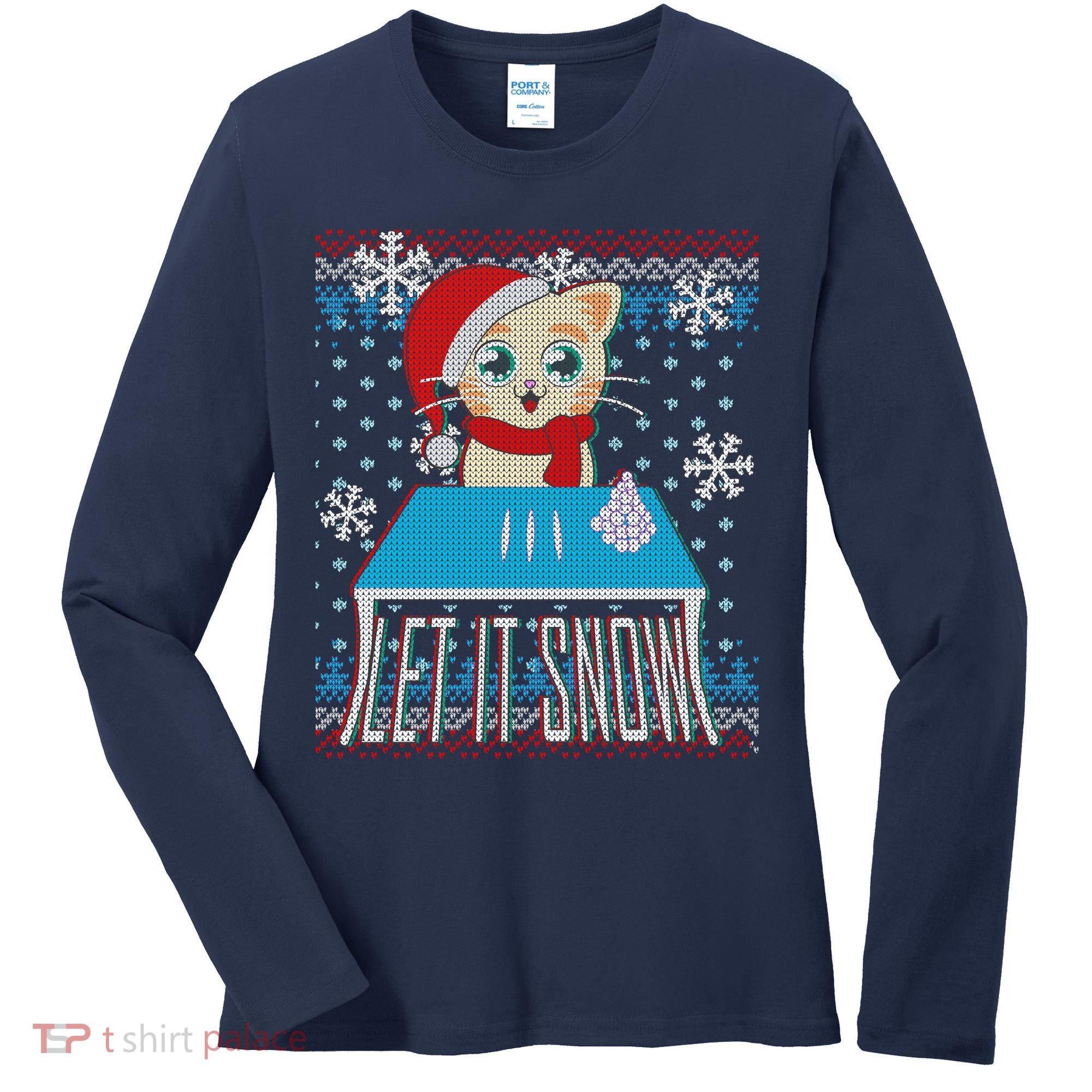 Funny X-Mas Let It Snow Cat Ugly Christmas Sweater Women's Long Sleeve Shirt