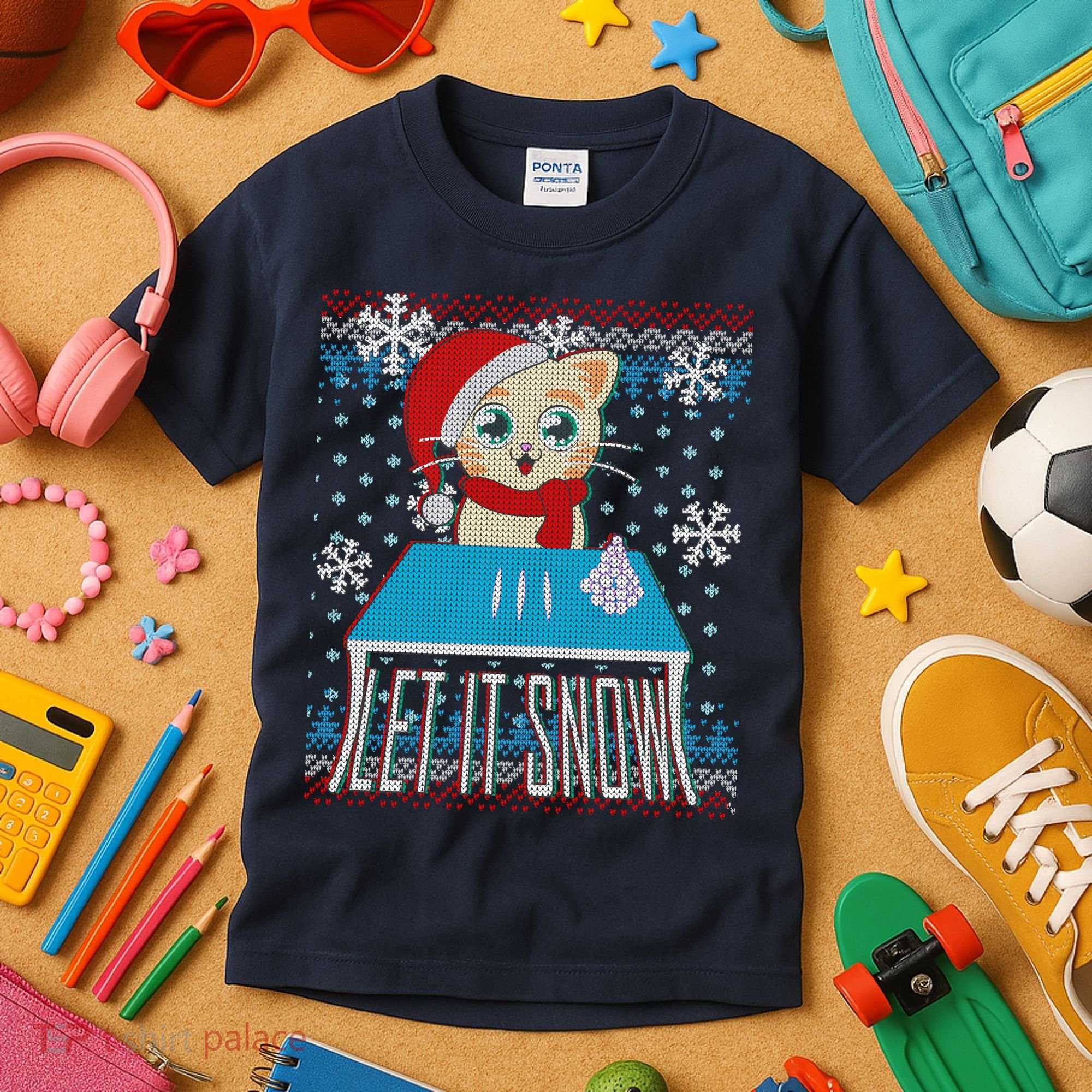 Funny X-Mas Let It Snow Cat Ugly Christmas Sweater Kids T-Shirt