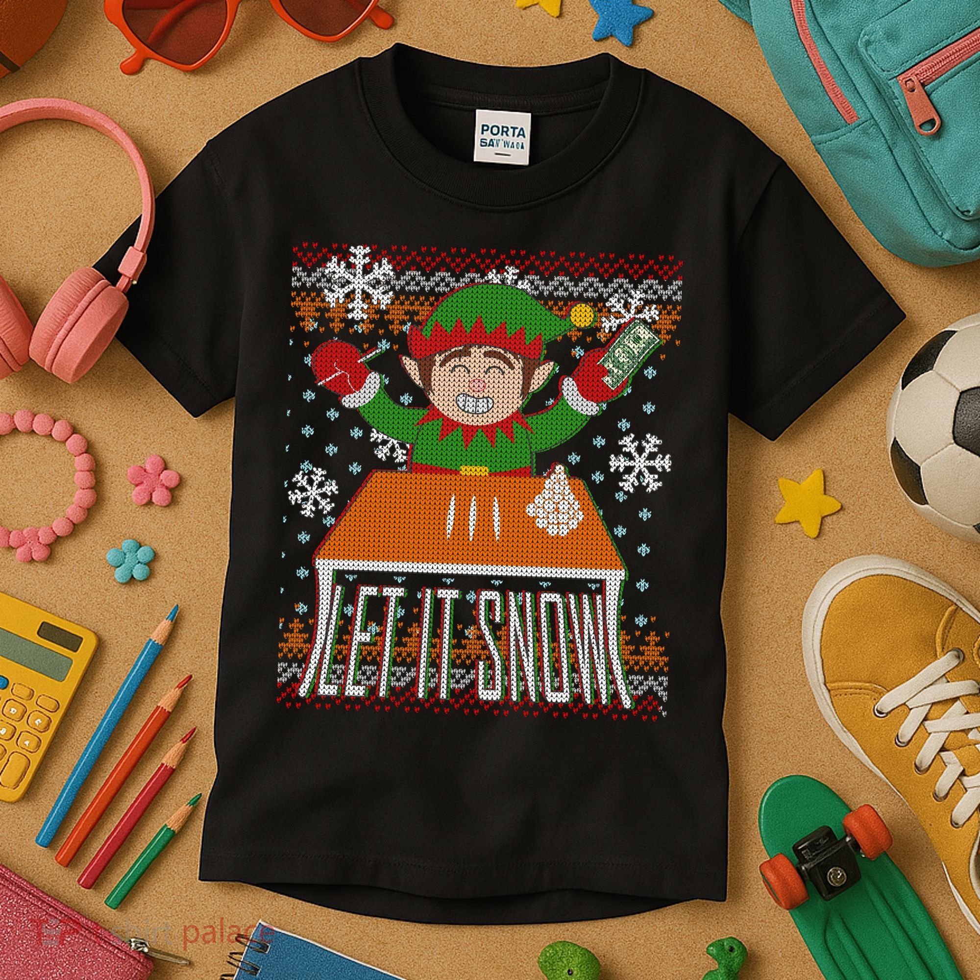 Funny X-Mas Let It Snow Elf Ugly Christmas Sweater Kids T-Shirt