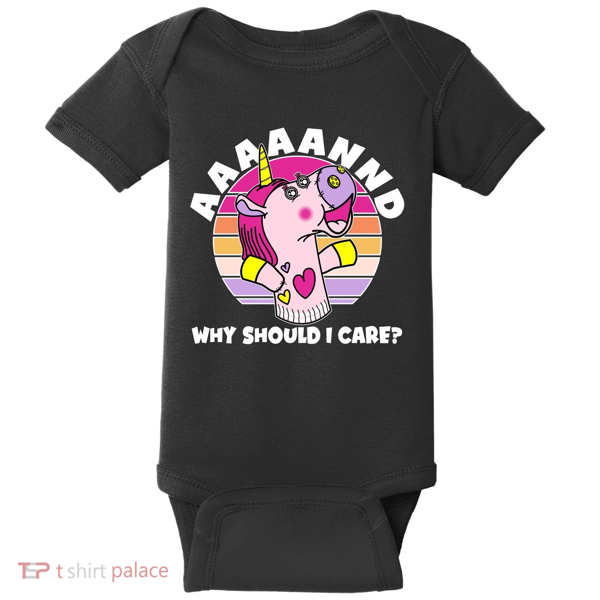 Funny Unicorn Puppet Aaaaand Why Should I Care Baby Bodysuit