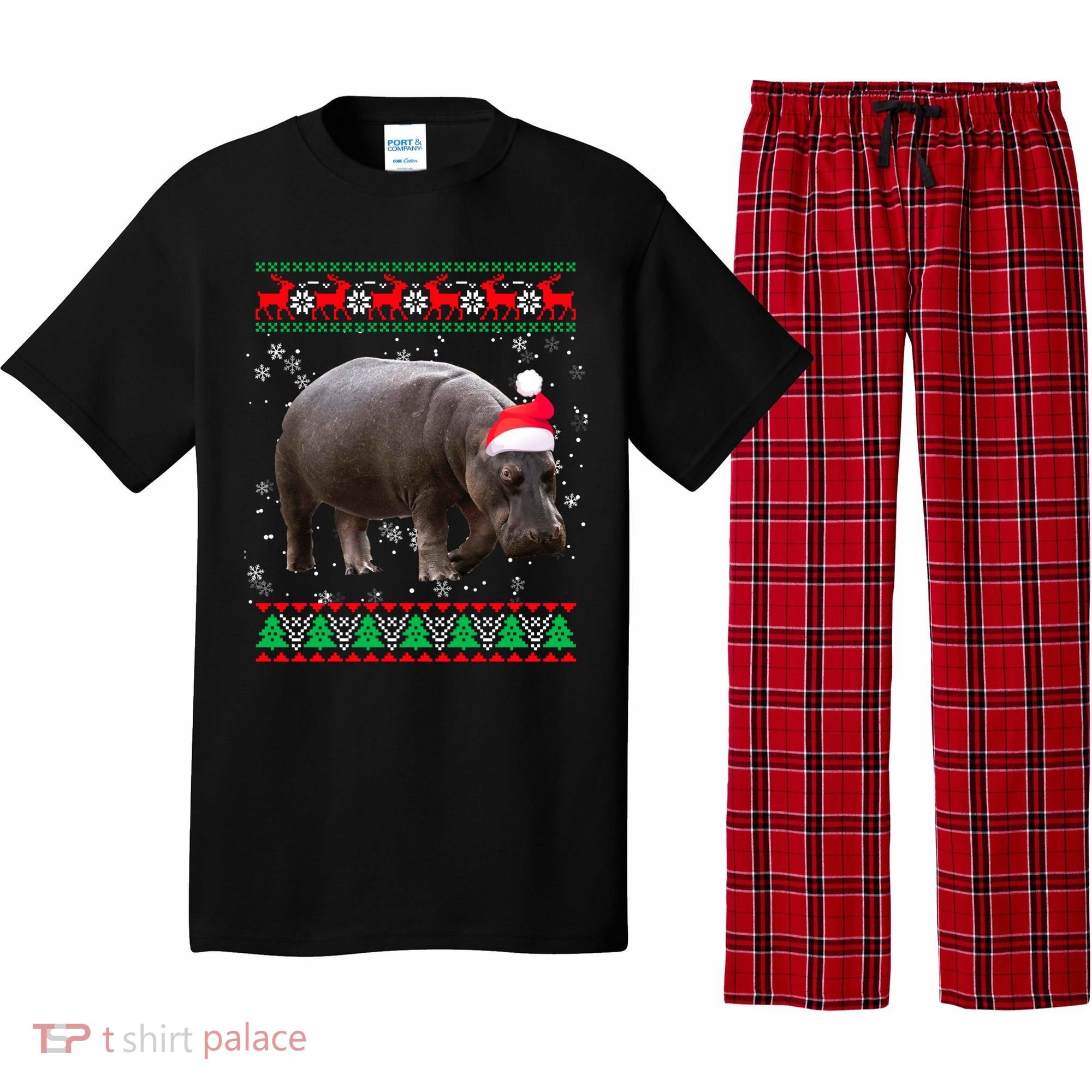 Funny Ugly Sweater Xmas Animals Christmas Hippo Lover Gift Pajama Set