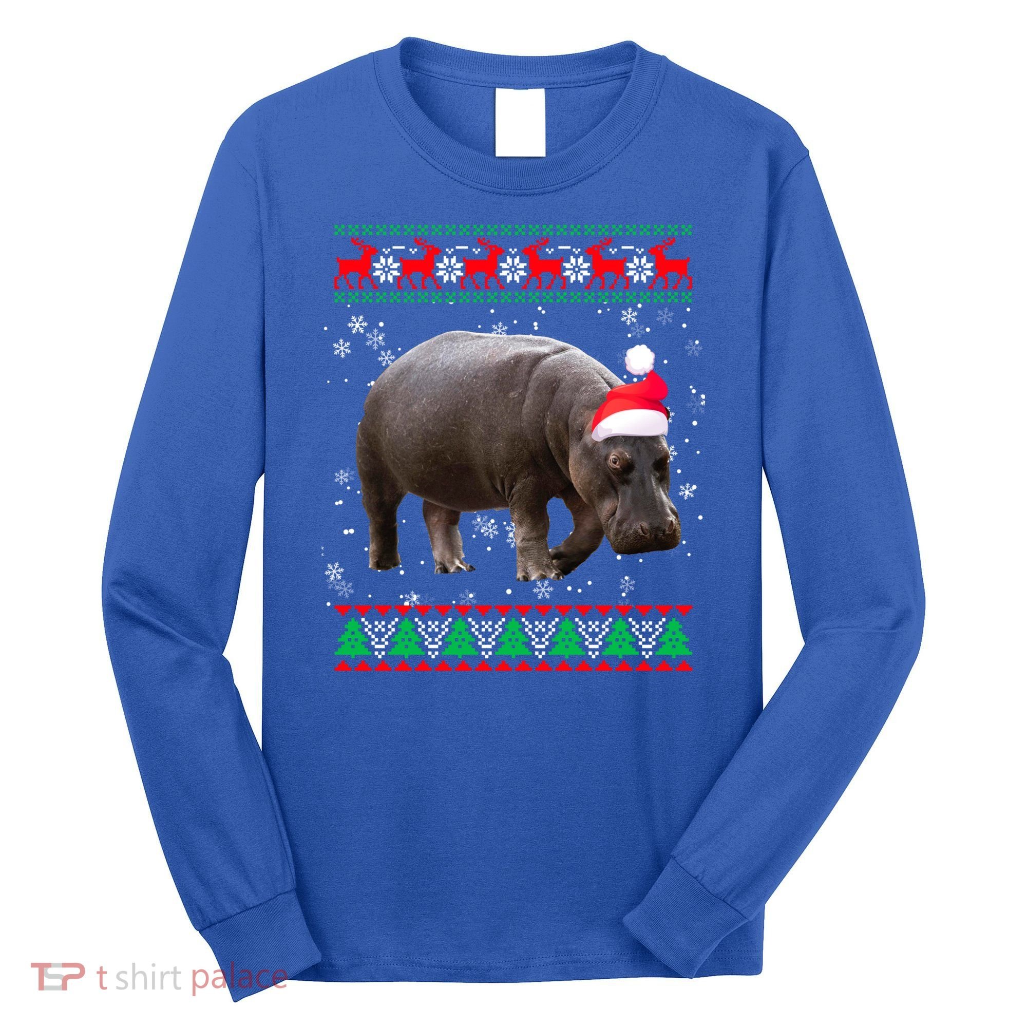 Funny Ugly Sweater Xmas Animals Christmas Hippo Lover Gift Long Sleeve Shirt