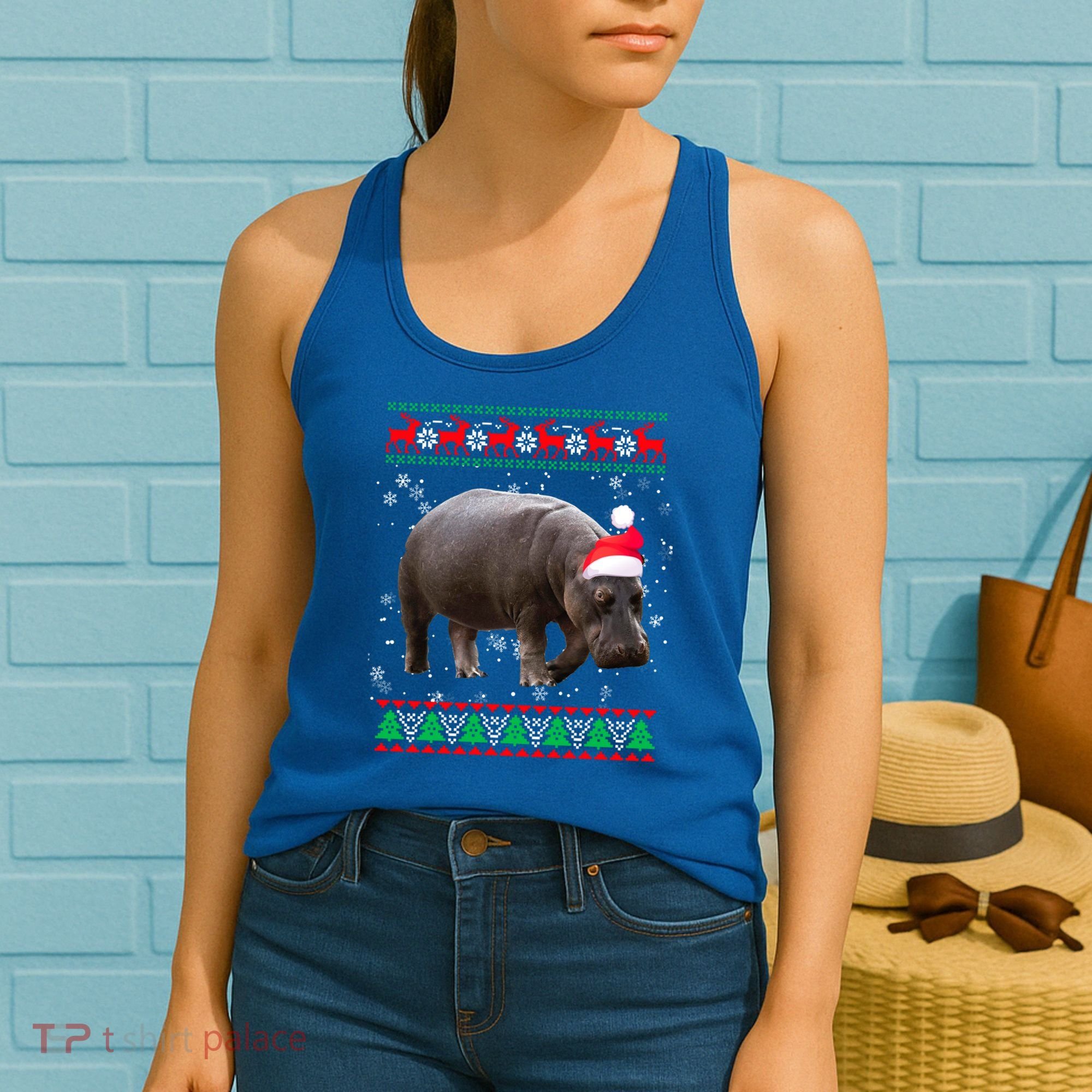 Funny Ugly Sweater Xmas Animals Christmas Hippo Lover Gift Women's Tank Top