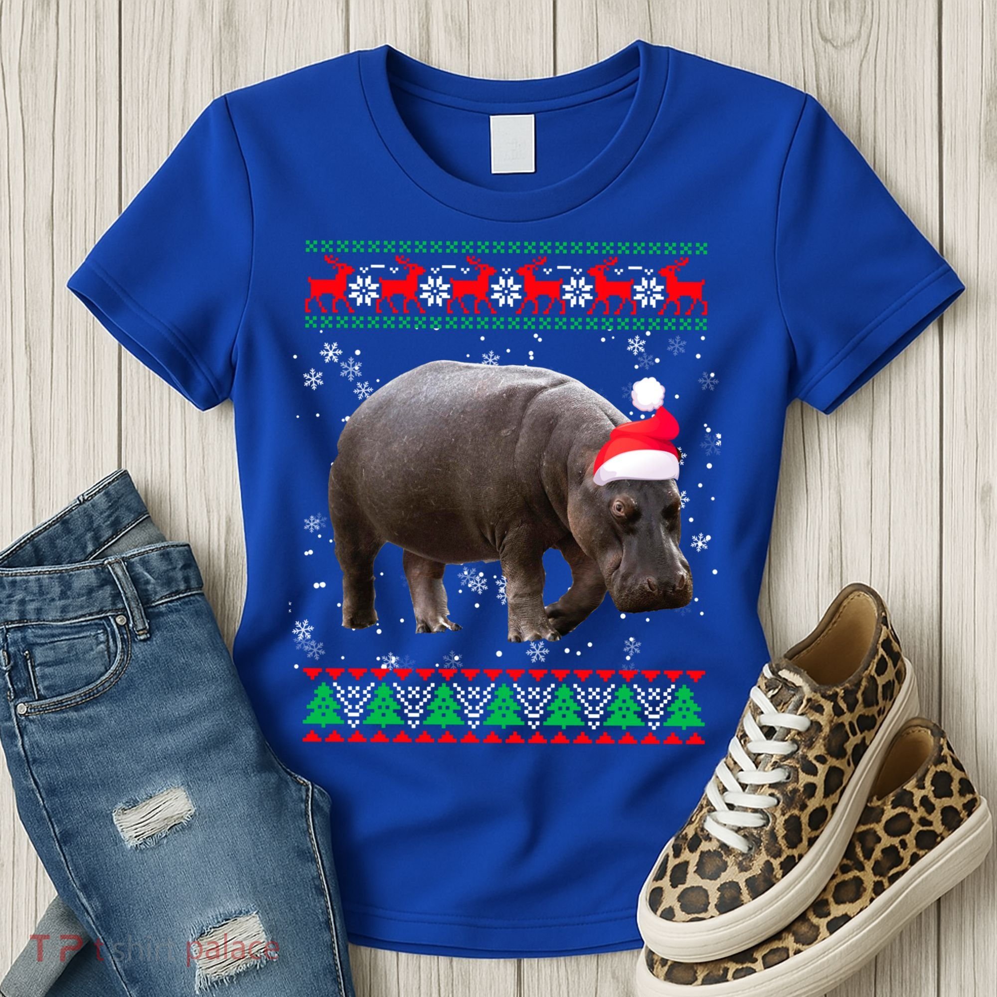 Funny Ugly Sweater Xmas Animals Christmas Hippo Lover Gift Women's T-Shirt