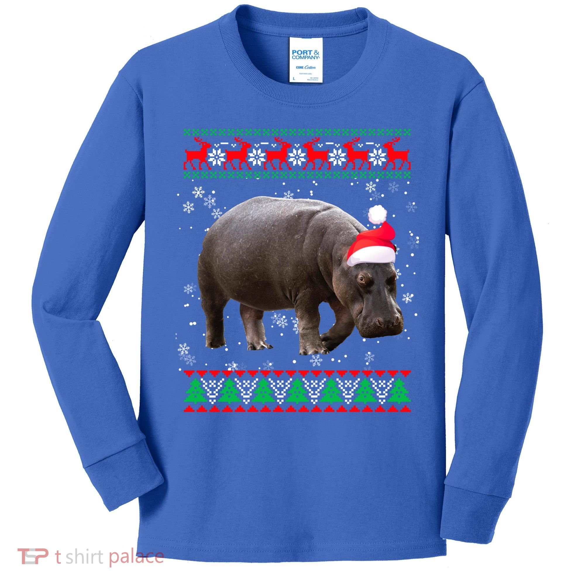 Funny Ugly Sweater Xmas Animals Christmas Hippo Lover Gift Kids Long Sleeve Shirt