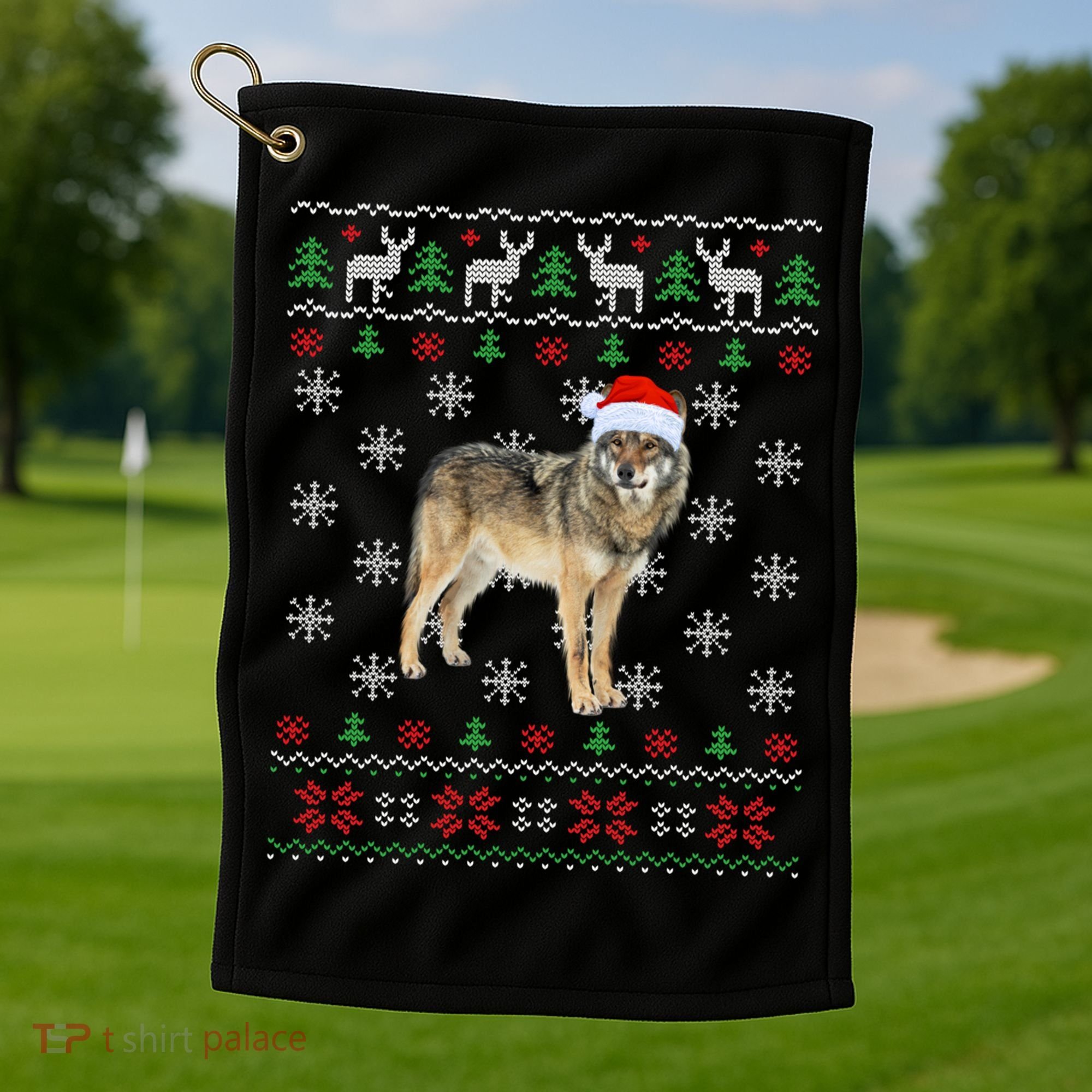 Funny Ugly Sweater Xmas Animals Christmas Wolf Lover Gift Golf Towel