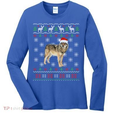Funny Ugly Sweater Xmas Animals Christmas Wolf Lover Gift Women's Long Sleeve Shirt