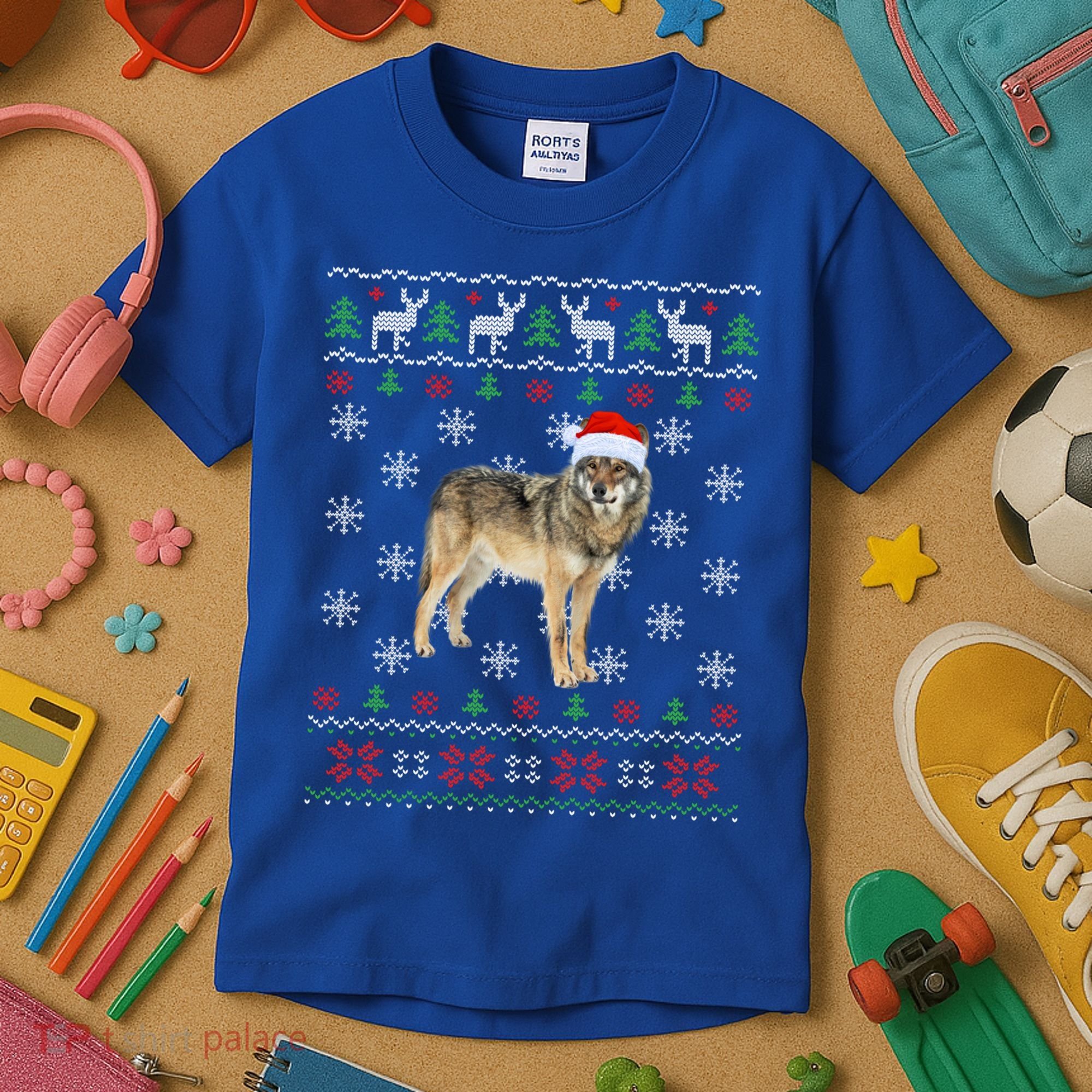 Funny Ugly Sweater Xmas Animals Christmas Wolf Lover Gift Kids T-Shirt