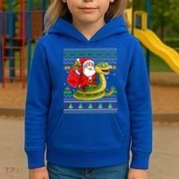 Funny Ugly Xmas Santa Riding Snake Christmas Gift Kids Hoodie thumb 3