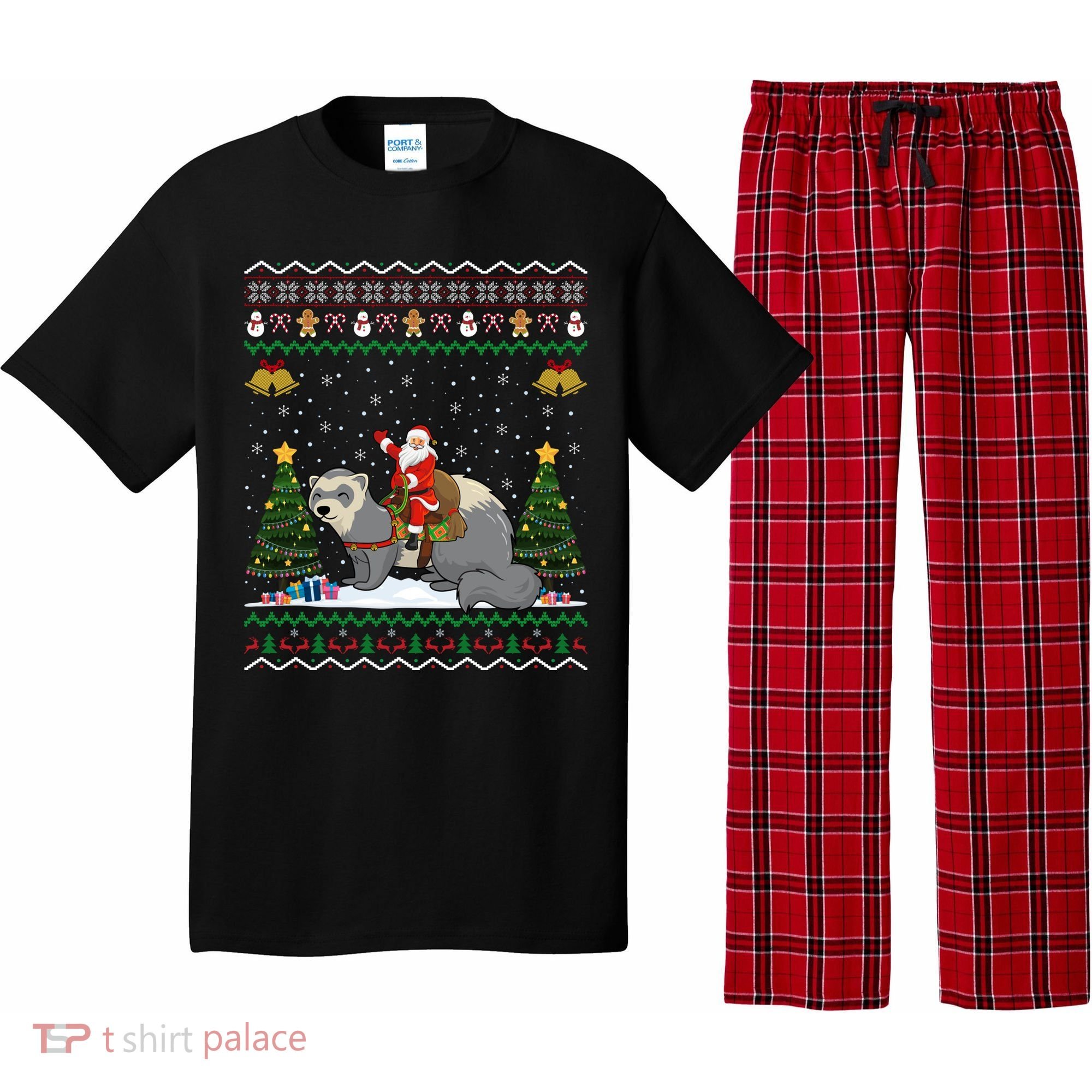 Ferret Ugly Xmas Gift Santa Riding Ferret Christmas Gift Pajama Set