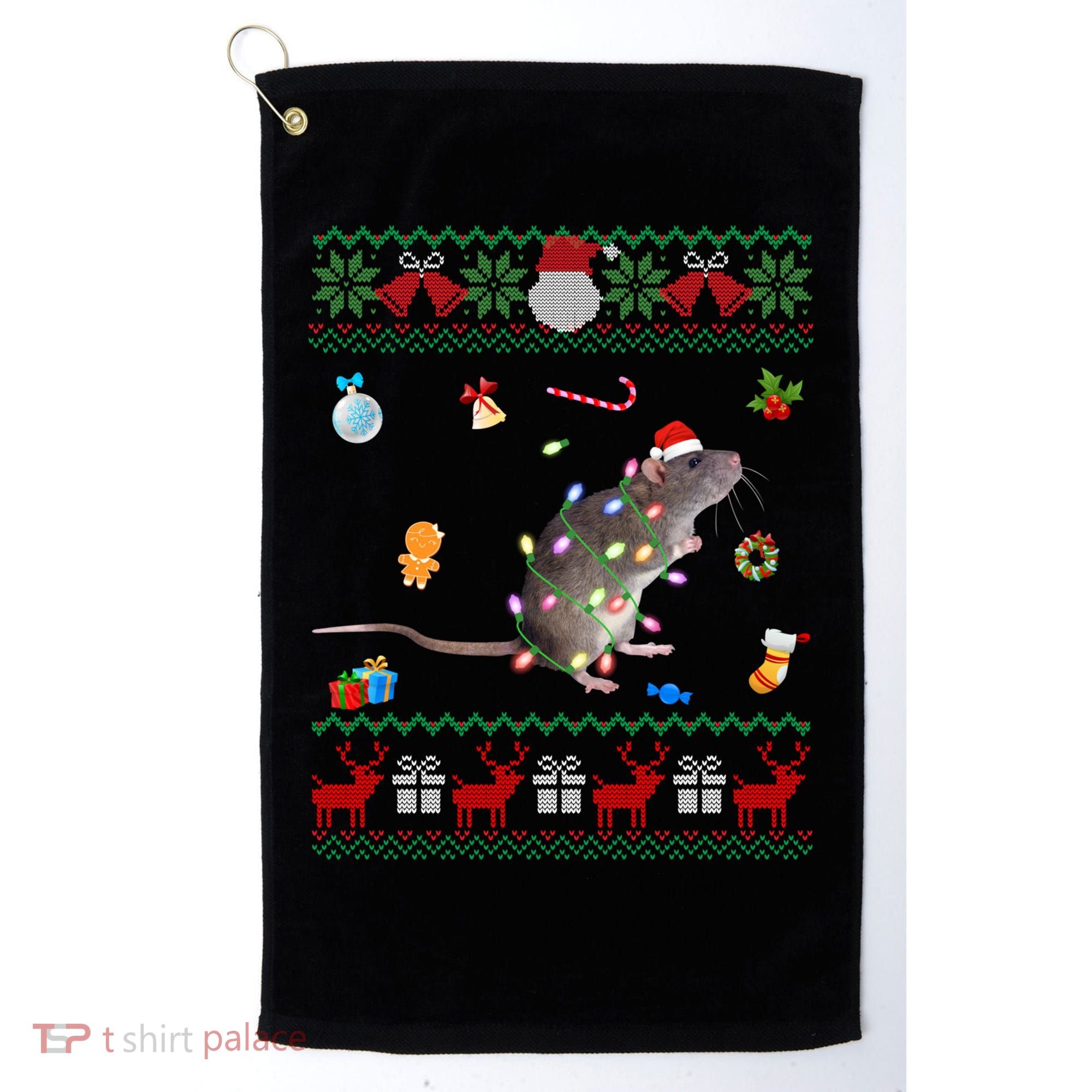 Funny Ugly Xmas Sweater Animals Lights Christmas Rat Funny Gift Golf Towel